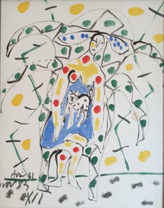 Woman Sitting With A Cat. Abstract Expressionist Work on Paper.