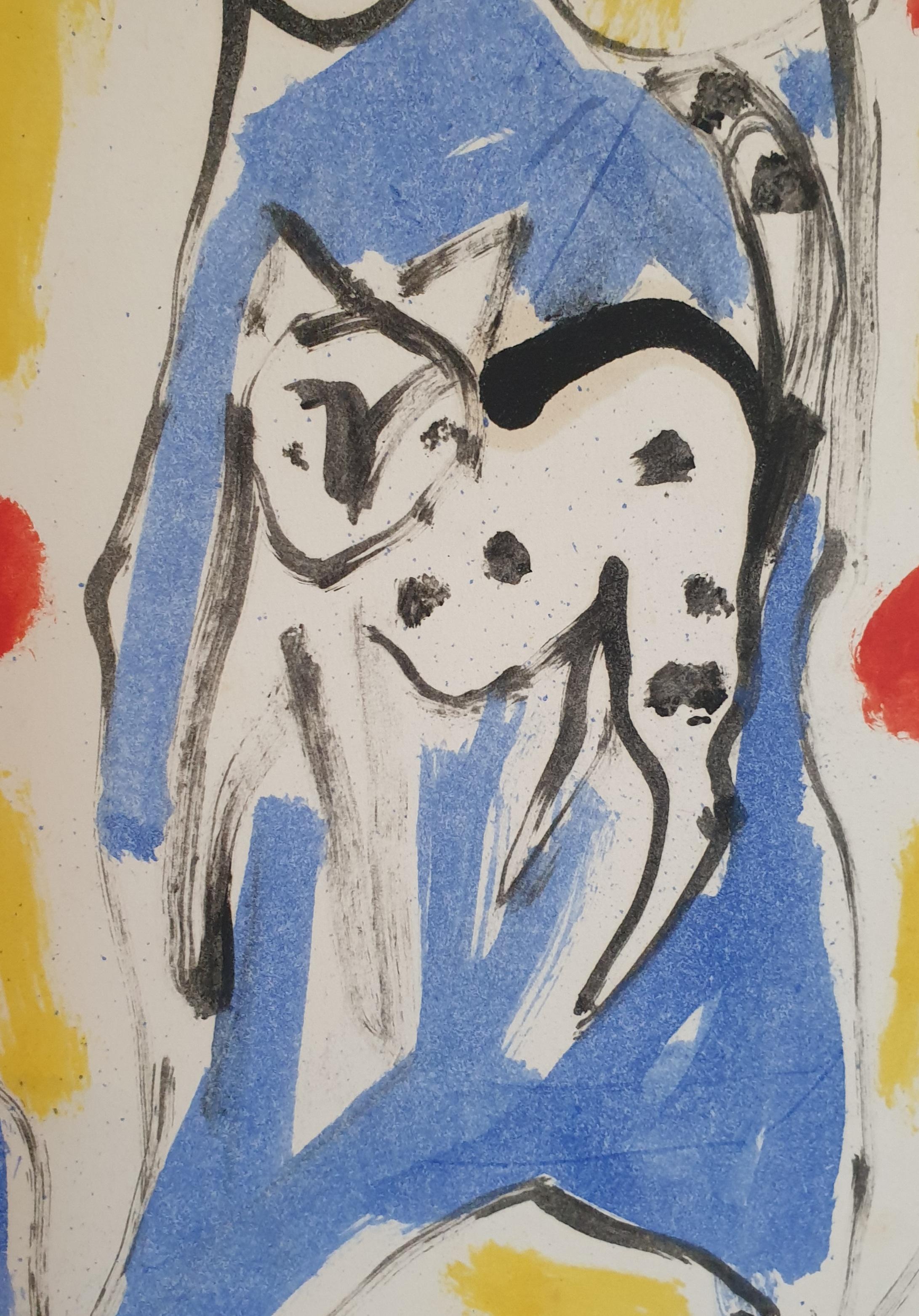 Woman Sitting With A Cat. Abstract Expressionist Work on Paper. - Gray Abstract Painting by Armand Avril