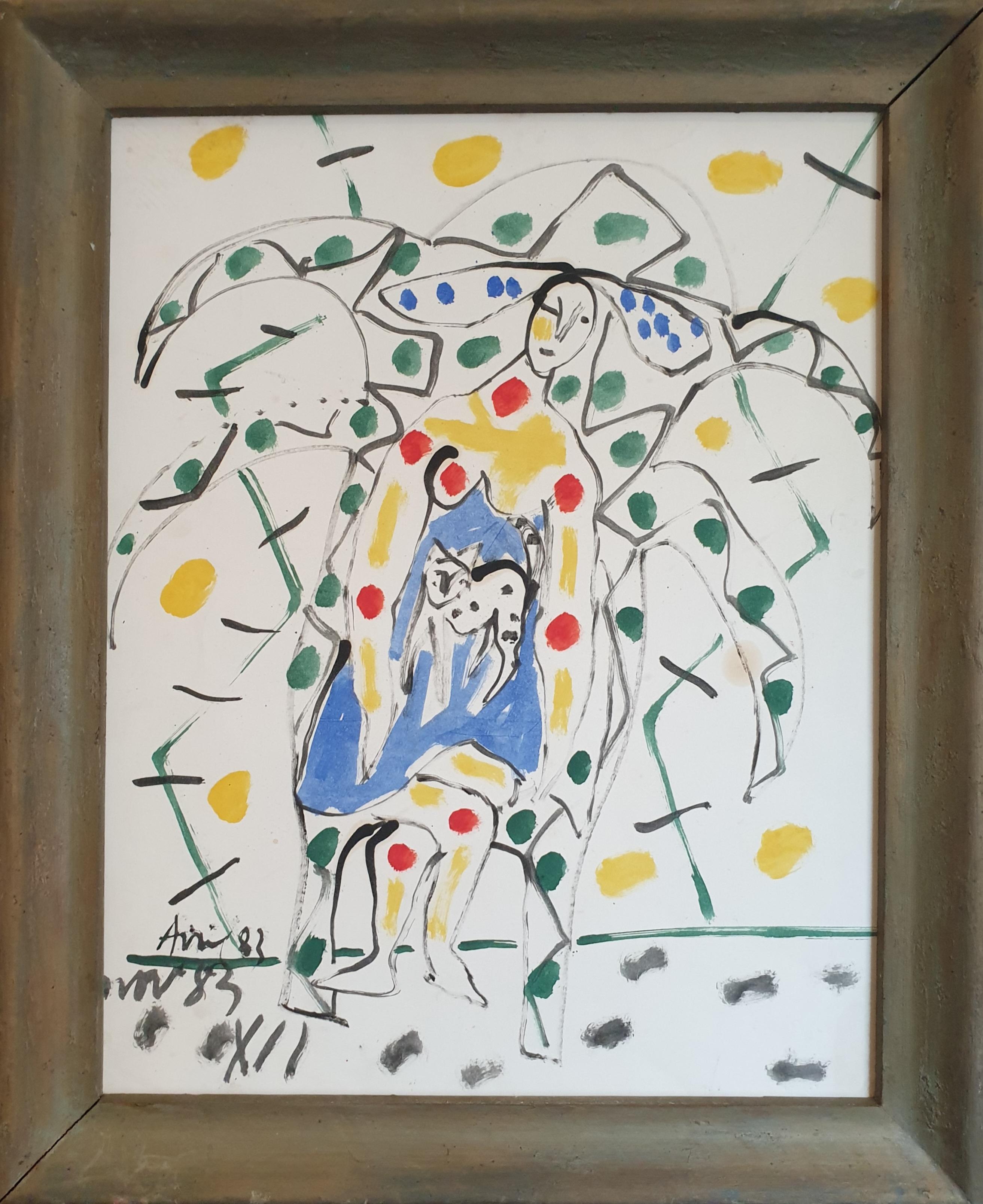 Woman Sitting With A Cat. Abstract Expressionist Work on Paper.