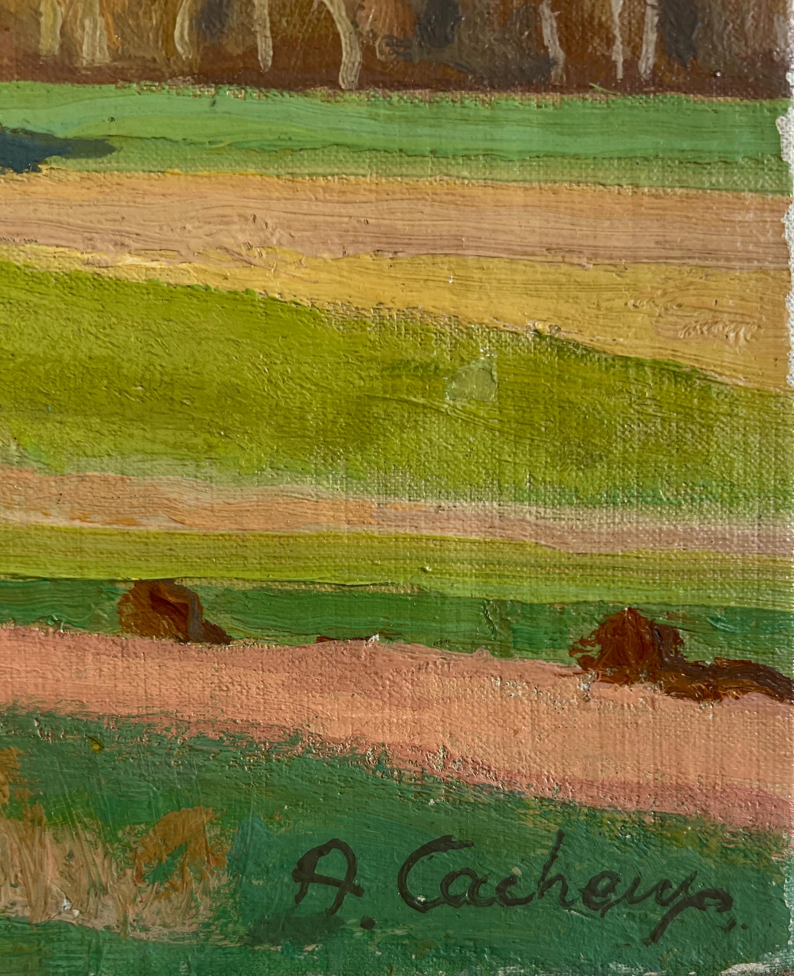 Countryside and cows in the field - Brown Landscape Painting by Armand Cacheux
