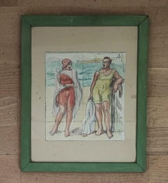 Rückkehr vom Schwimmen zum Strand, Aquarell, gerahmt, 20x18 cm