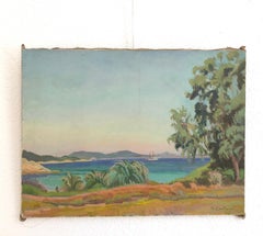 Pintura al óleo sobre lienzo, sin marco, de mediados del siglo XX, Velero junto al mar