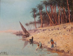 Painting orientalist DAUTREBANDE Nile Egypt boats Belgian 19th
