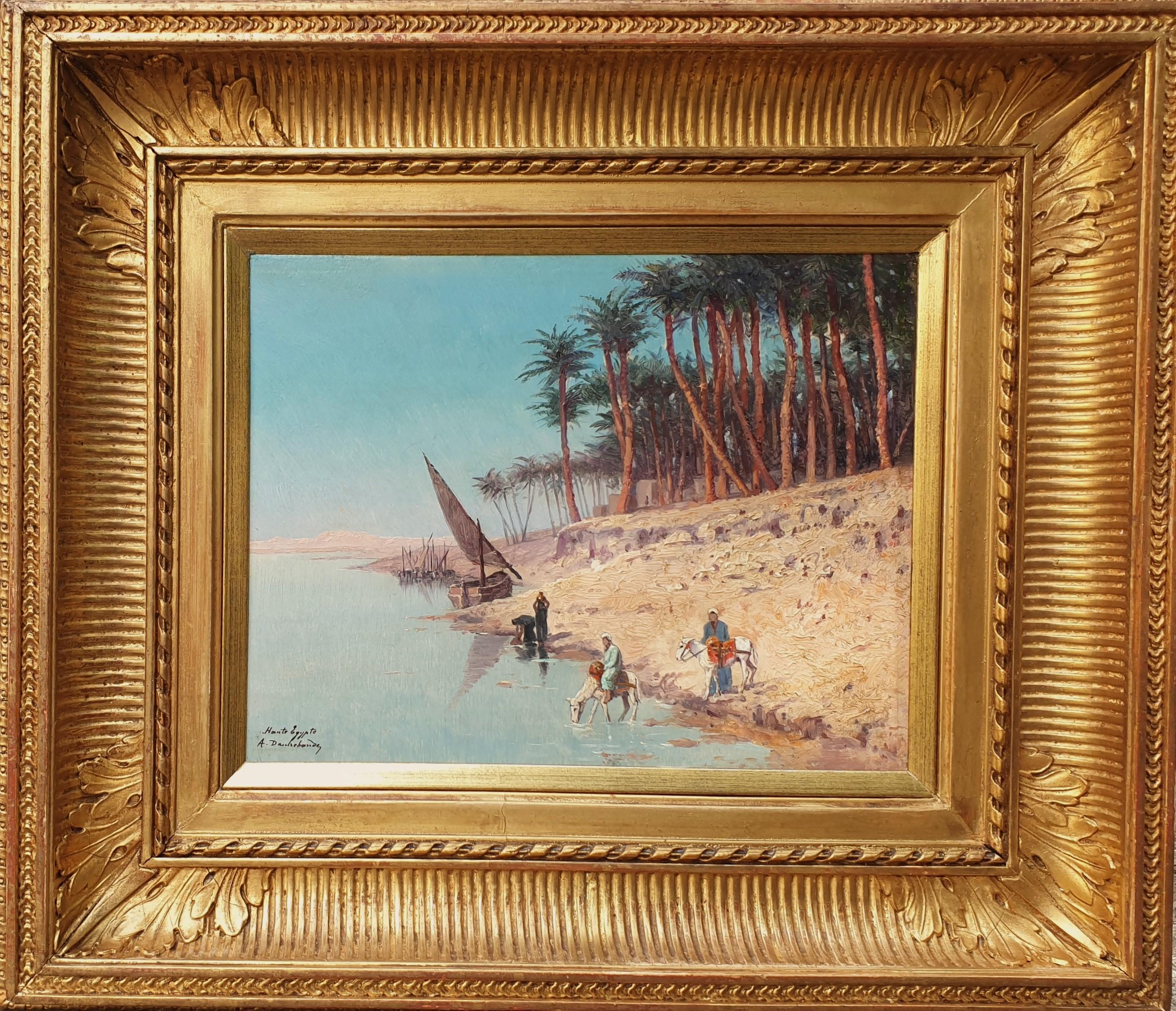 Armand DAUTREBANDE Landscape Painting – Gemälde orientalistische DAUTREBANDE Nile Ägyptische Boote Belgisch 19. Jahrhundert