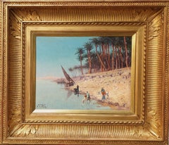 Peinture orientaliste DAUTREBANDE Nile bateaux égyptiens belge 19ème siècle