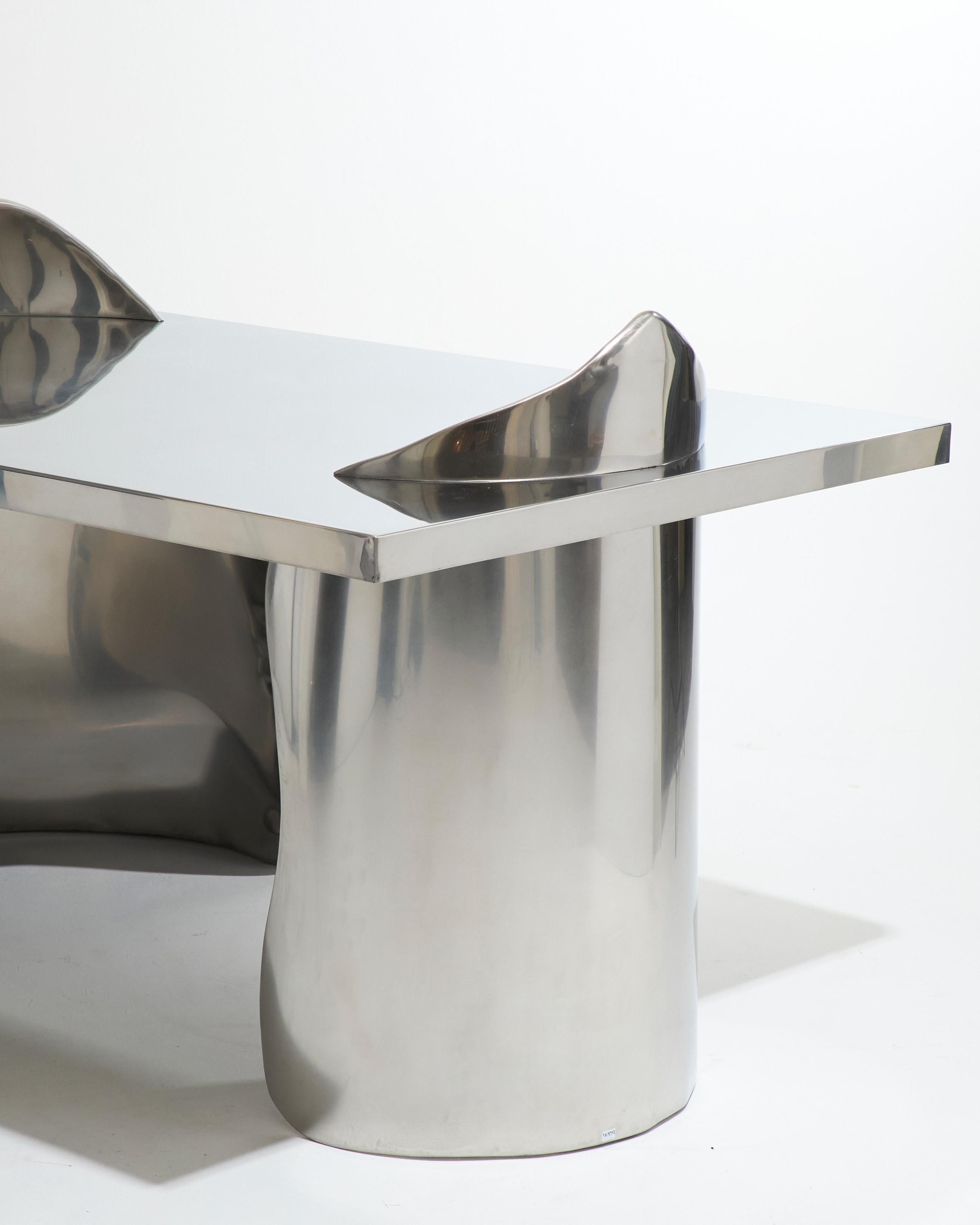 Armand desk in polished stainless steel by Atelier Ellery, 2025. Edition of 8 pieces.