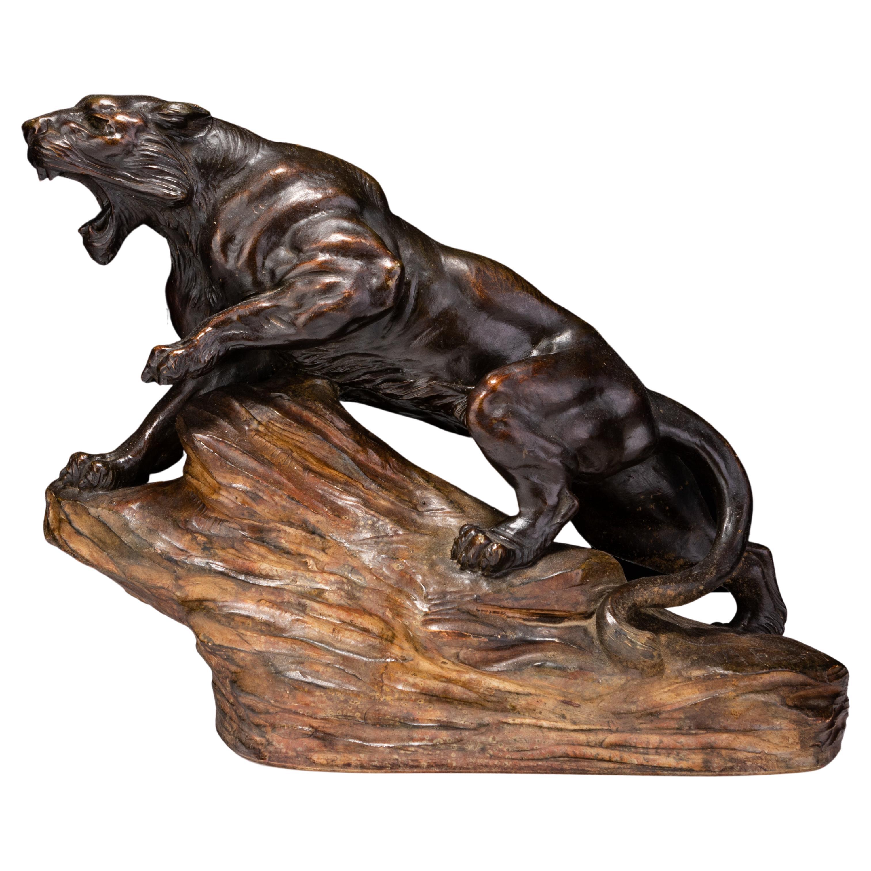 Armand Fagotto French Art Deco Signed Ceramic Tiger Sculpture