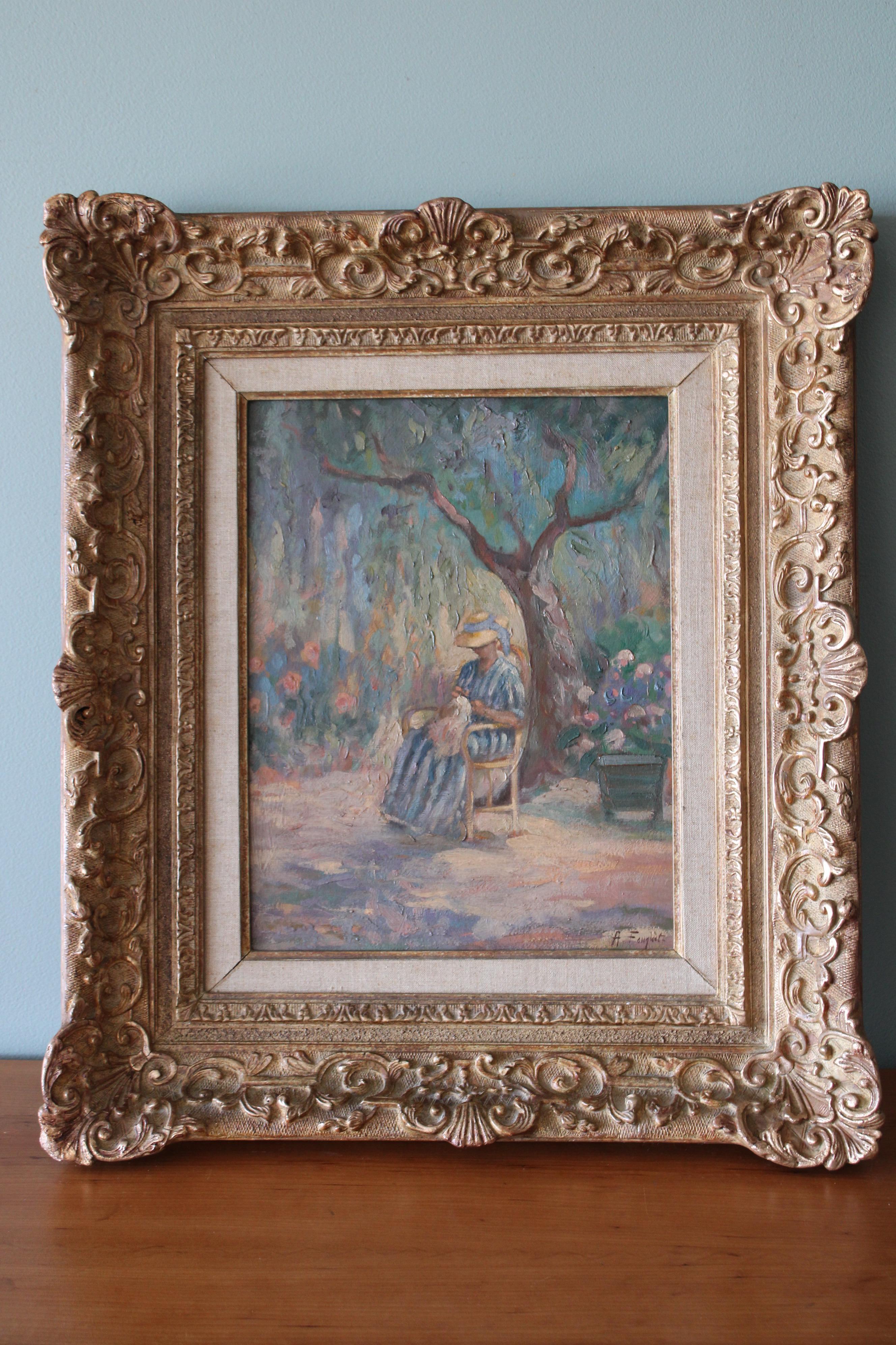 Portrait original français d'une femme dans un paysage de jardin - Painting de Armand Fouquet