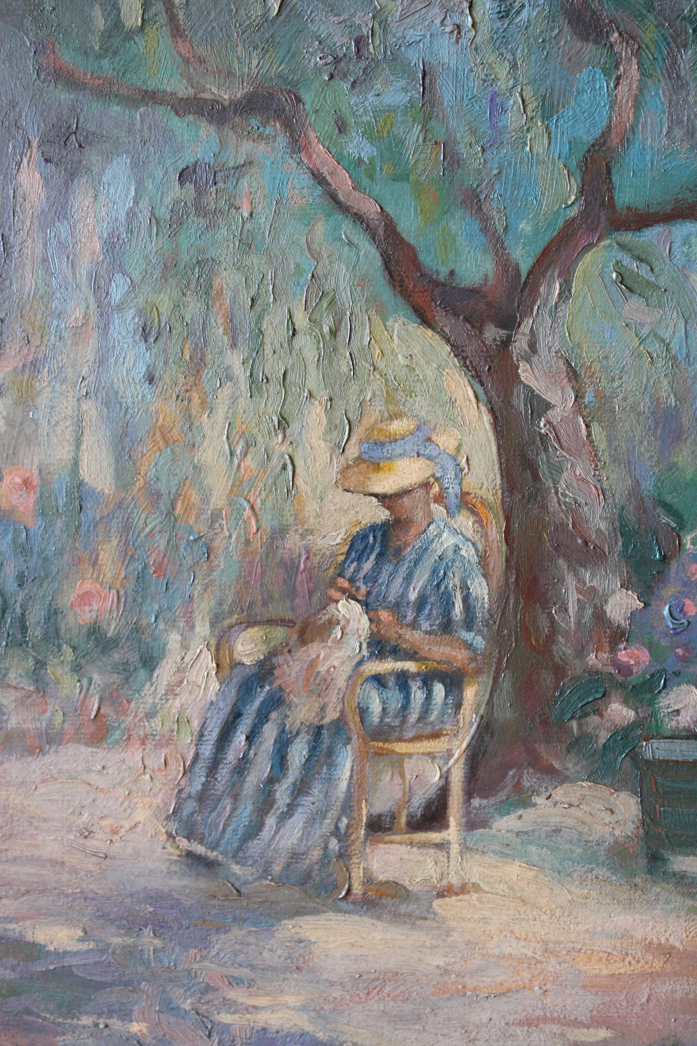 Portrait original français d'une femme dans un paysage de jardin - École française Painting par Armand Fouquet