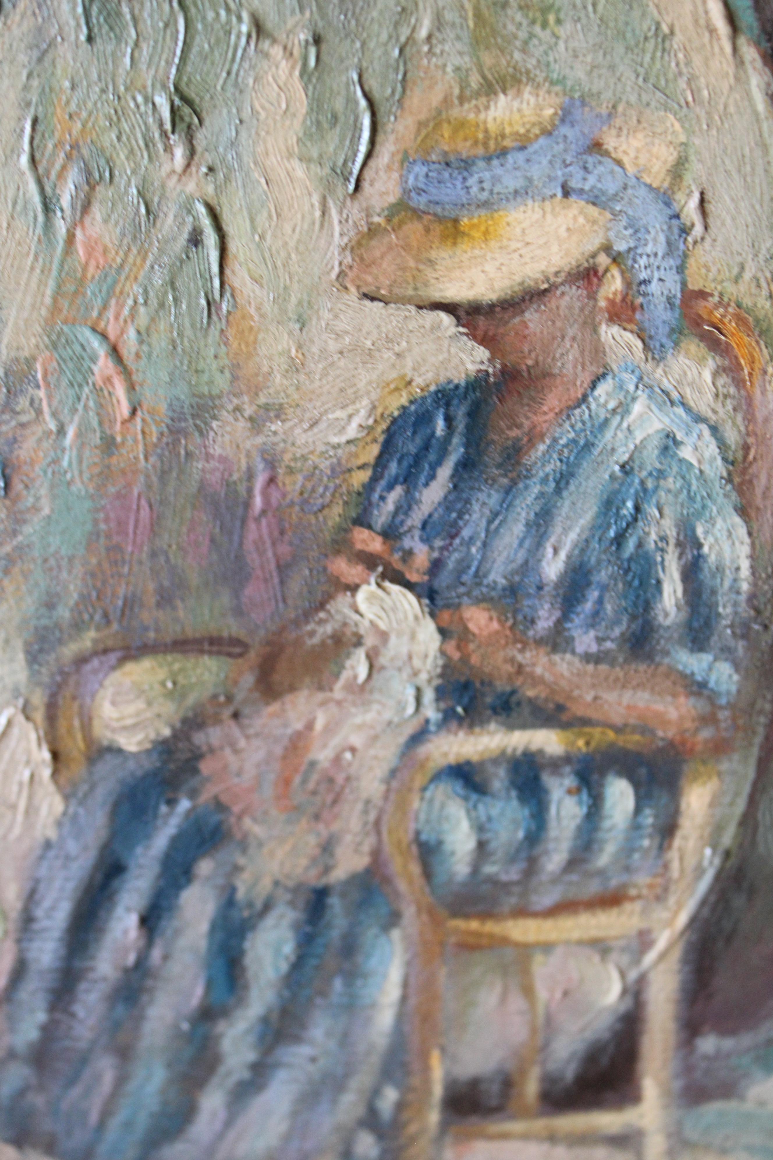 Vintage peinture à l'huile paysage/figurative d'une femme cousant dans le jardin par l'artiste français, Armand Fouquet.  Une peinture à l'huile sur carton très charmante, apaisante et en même temps colorée et animée, très probablement des années