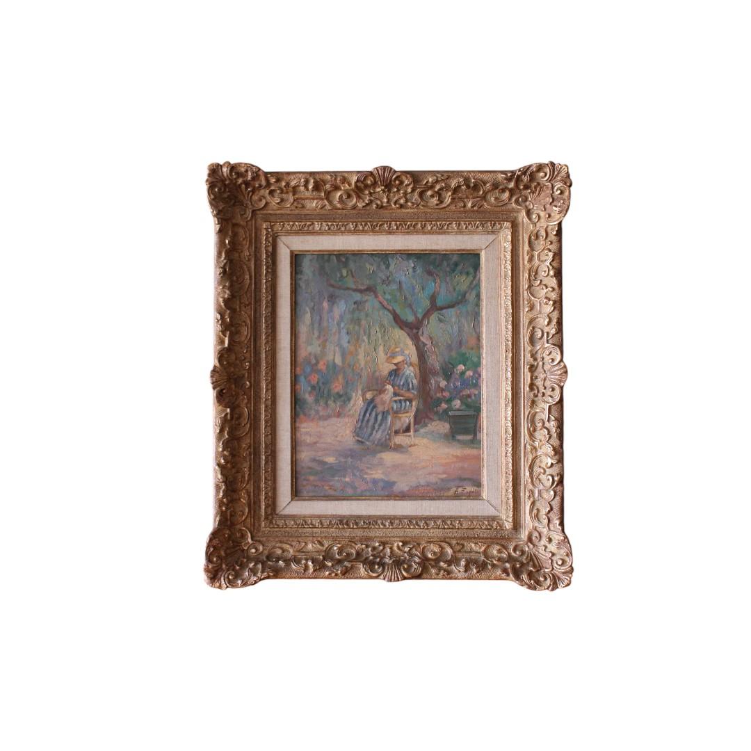 Ritratto d'epoca a olio di una donna in un giardino paesaggio originale francese
