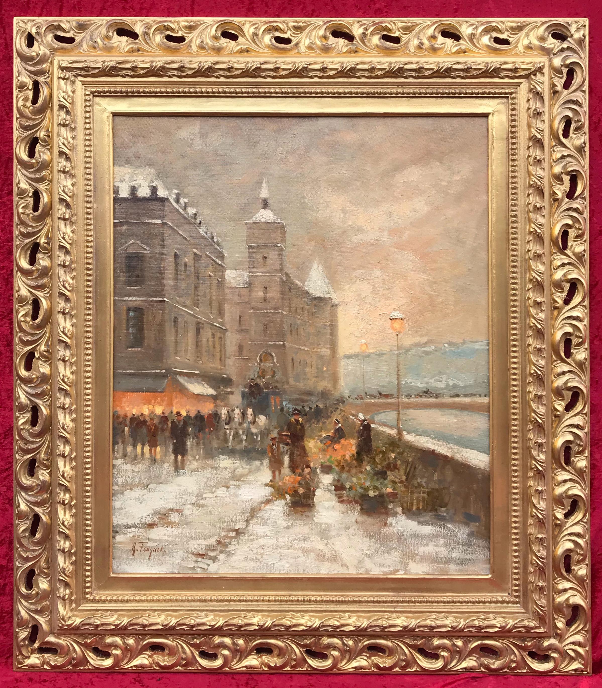 Landscape Painting de Armand FOUQUET - Vista de París principios del siglo XX - Bancos de flores y Conciergerie