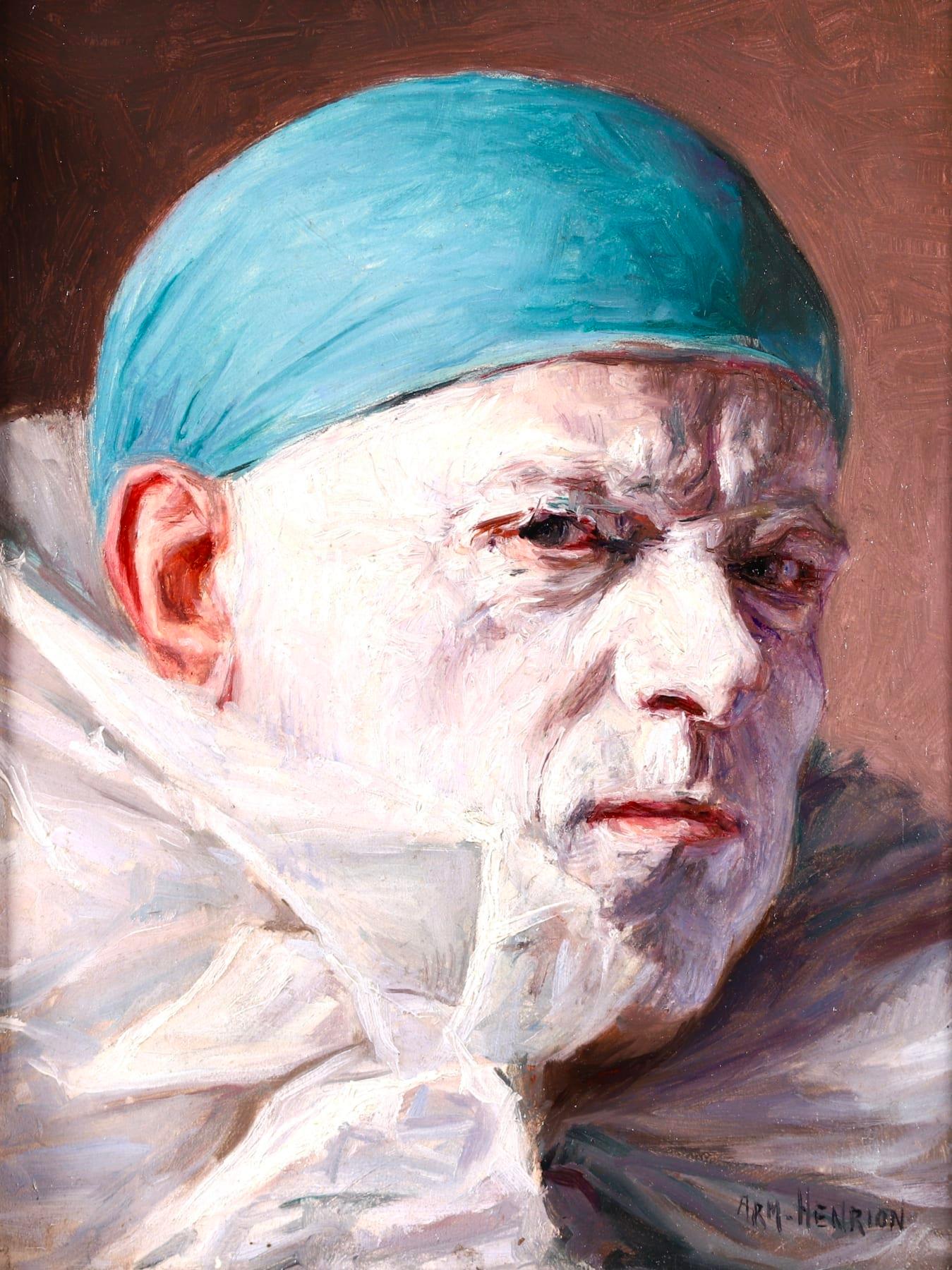 Grumpy Pierrot - Impressionist Oil, Portrait of Clown by Armand Francois Henrion