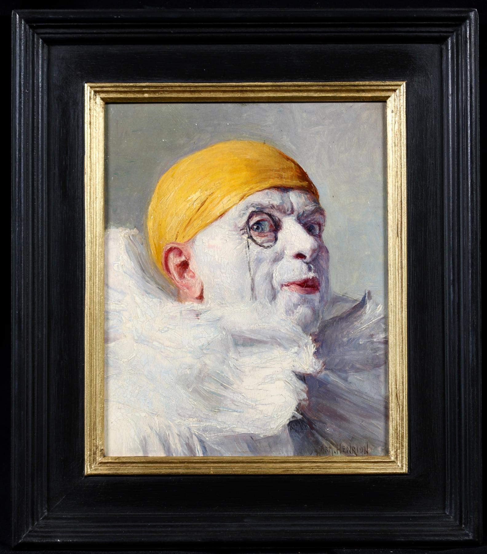 Armand (François Joseph) Henrion Figurative Painting - Pierrot et Monocole - Impressionist Oil, Portrait by Armand Francois Henrion