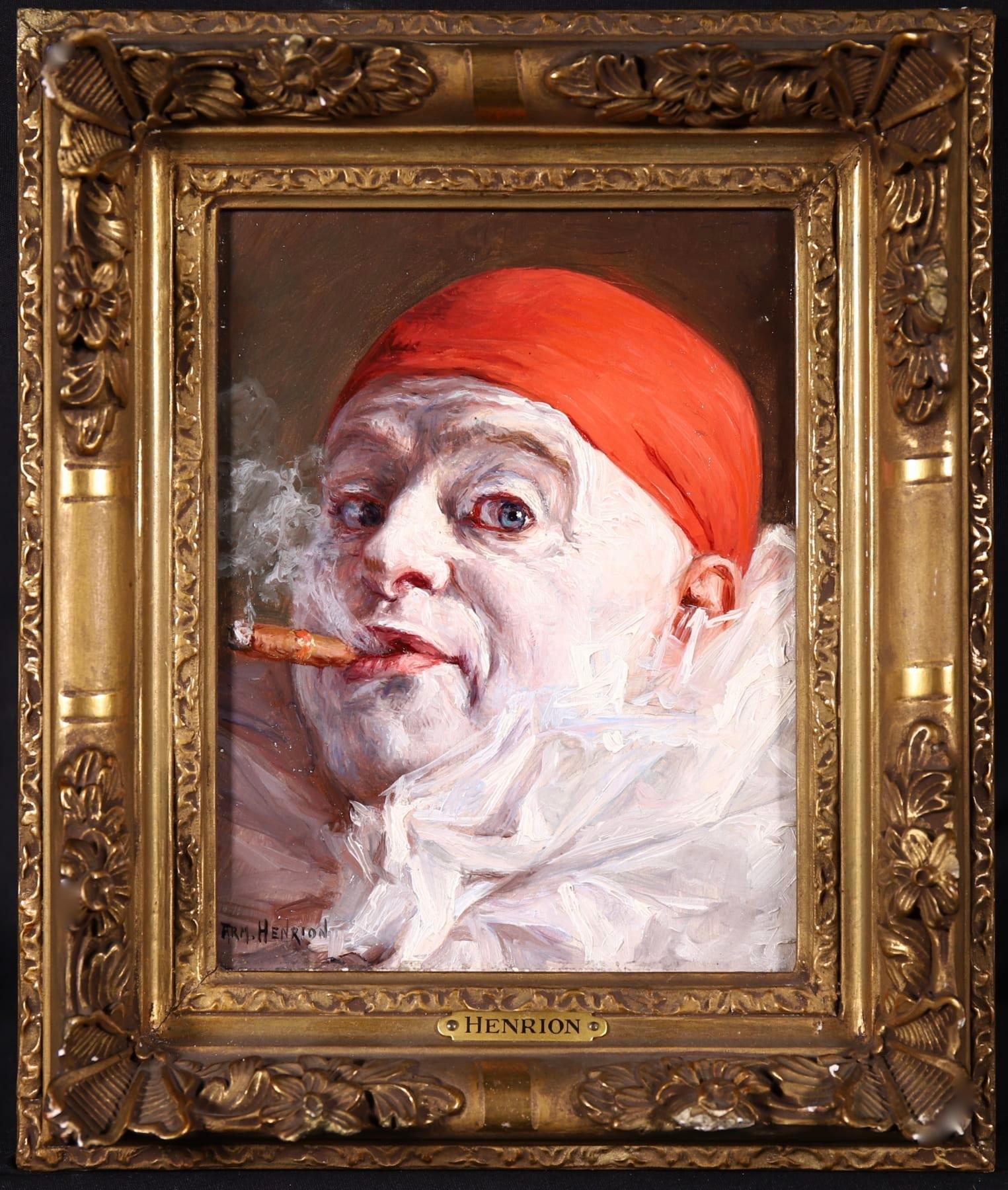 Pierrot smoking a Cigar - Impressionist Oil, Portrait by Armand Francois Henrion - Painting by Armand (François Joseph) Henrion