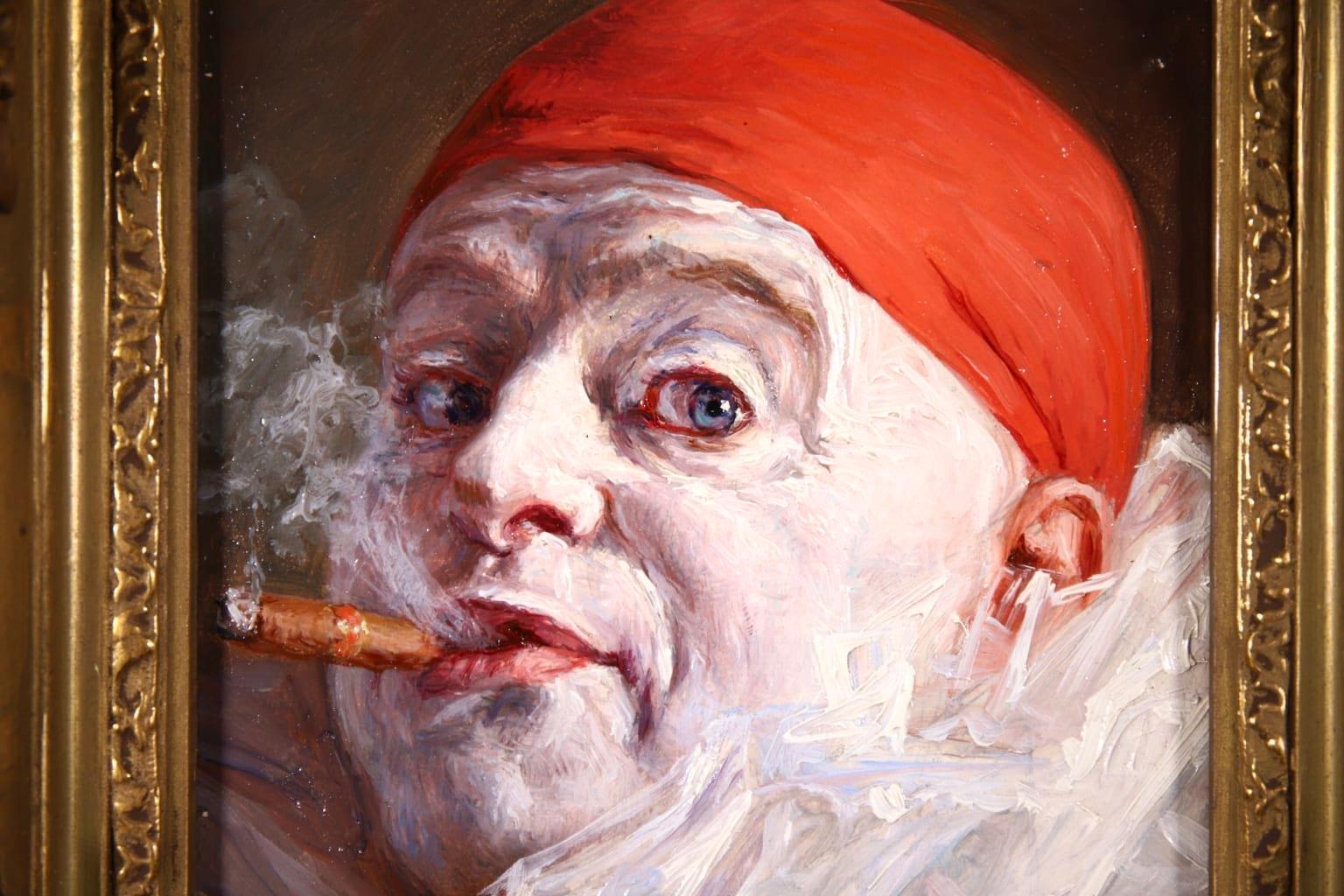 Pierrot smoking a Cigar - Impressionist Oil, Portrait by Armand Francois Henrion - Brown Portrait Painting by Armand (François Joseph) Henrion