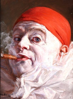 Pierrot smoking a Cigar - Impressionist Oil, Portrait by Armand Francois Henrion