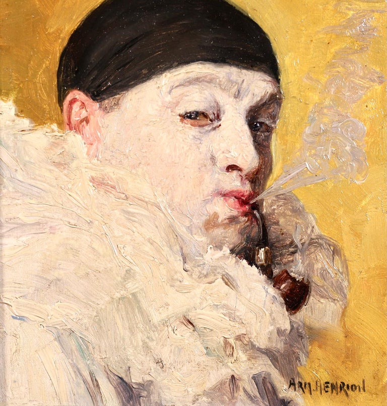 Pierrot smoking a pipe - Impressionist Oil, Portrait by Armand Francois Henrion For Sale 1