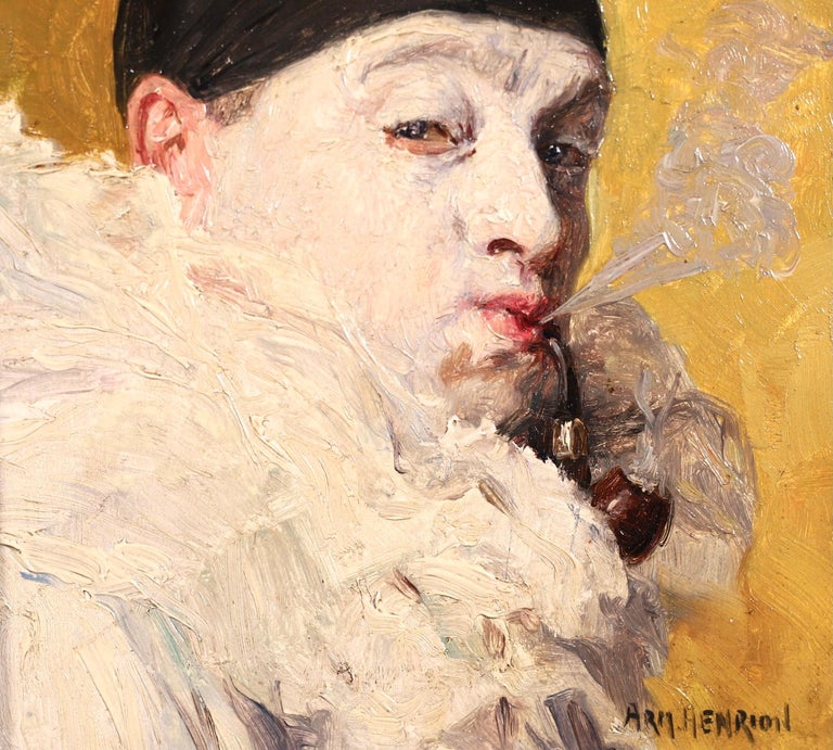 Pierrot smoking a pipe - Impressionist Oil, Portrait by Armand Francois Henrion For Sale 2