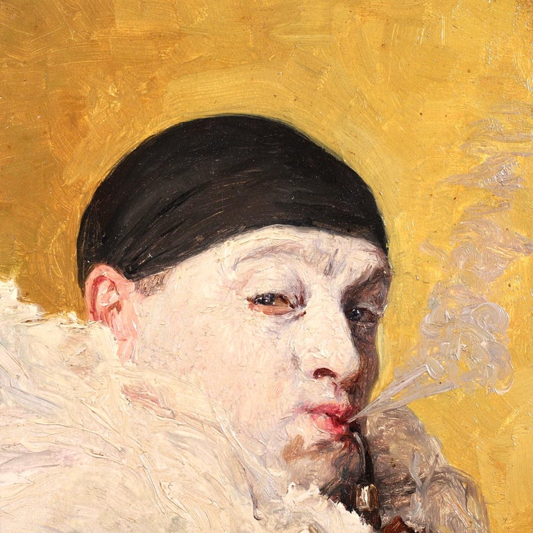Pierrot smoking a pipe - Impressionist Oil, Portrait by Armand Francois Henrion For Sale 4