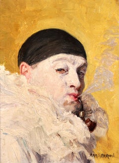 Pierrot smoking a pipe - Impressionist Oil, Portrait by Armand Francois Henrion