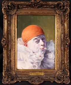 Pierrot smoking - French Impressionist Oil, Portrait by Armand Francois Henrion