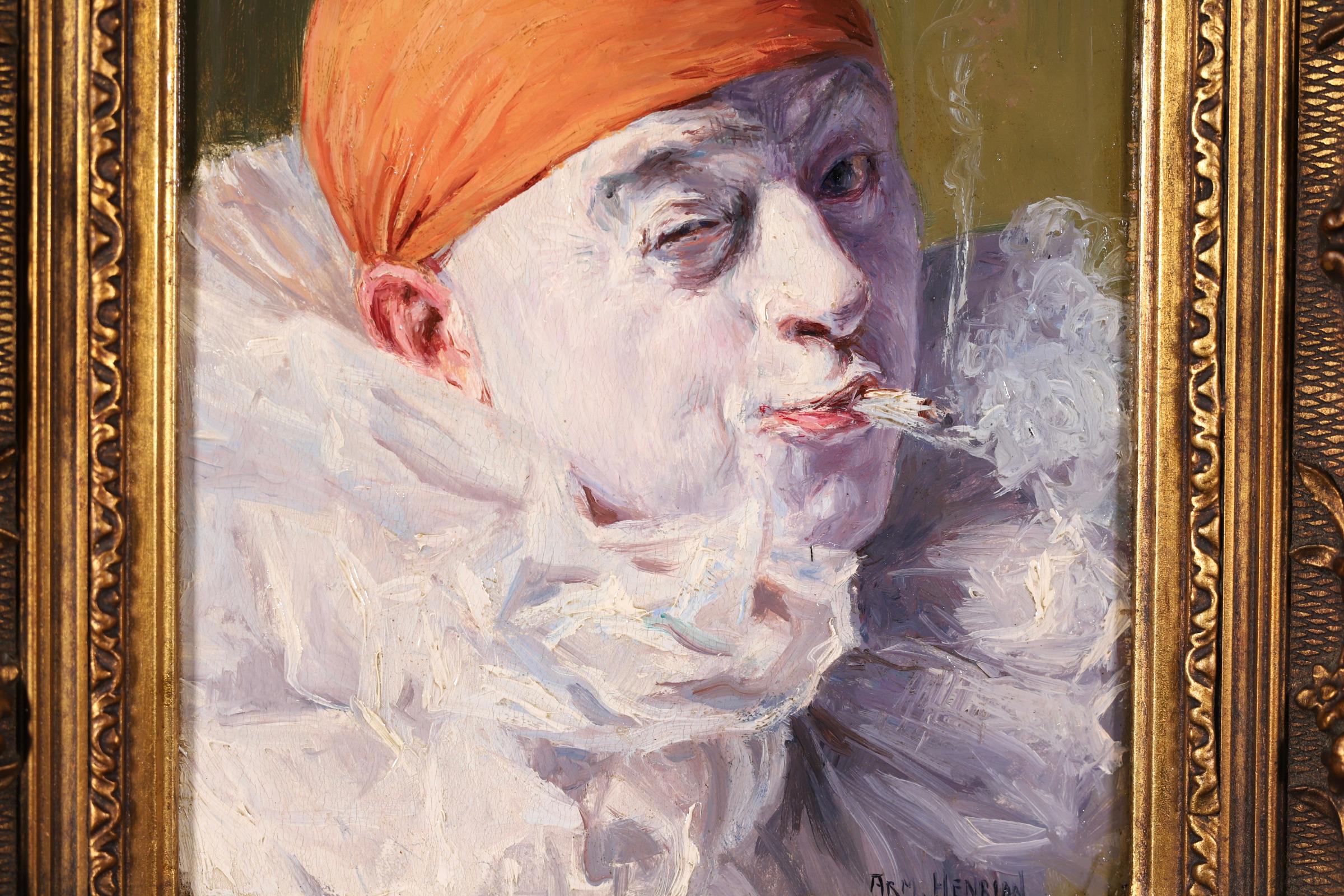 Pierrot smoking - French Impressionist Oil, Portrait by Armand Francois Henrion - Brown Figurative Painting by Armand (François Joseph) Henrion
