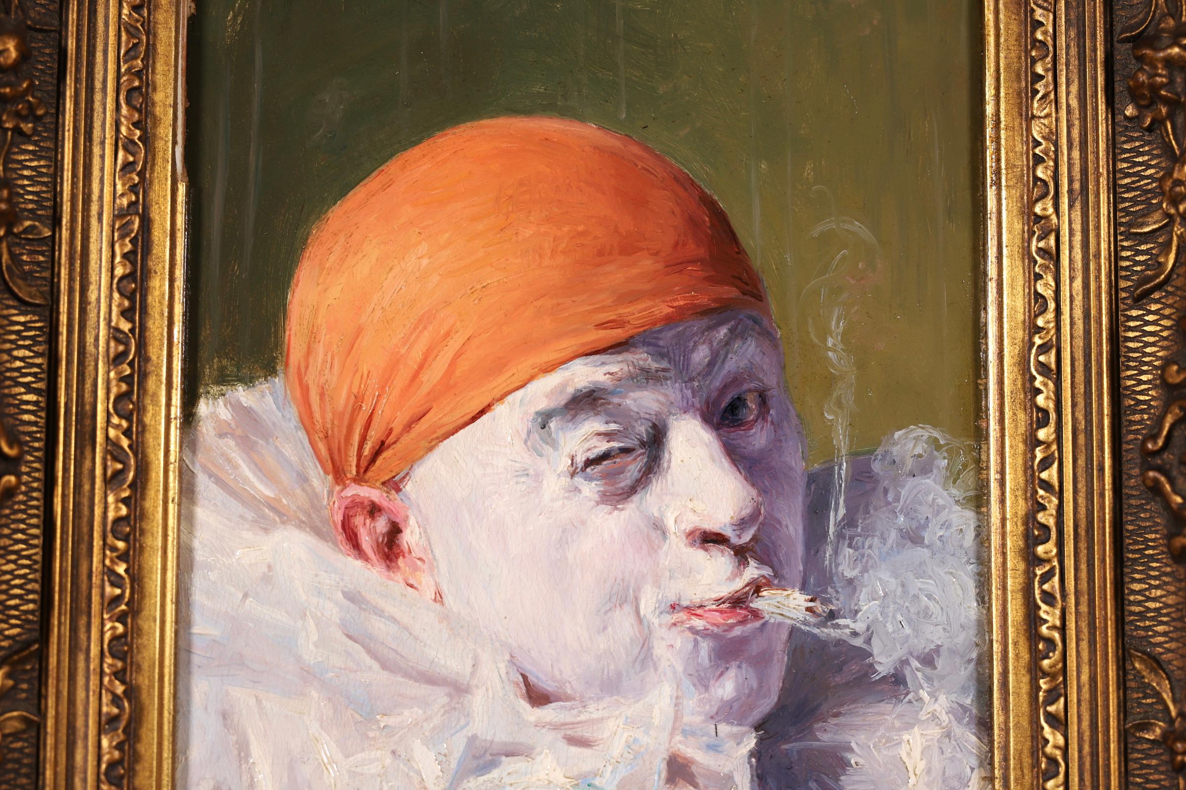 Pierrot smoking - French Impressionist Oil, Portrait by Armand Francois Henrion 1