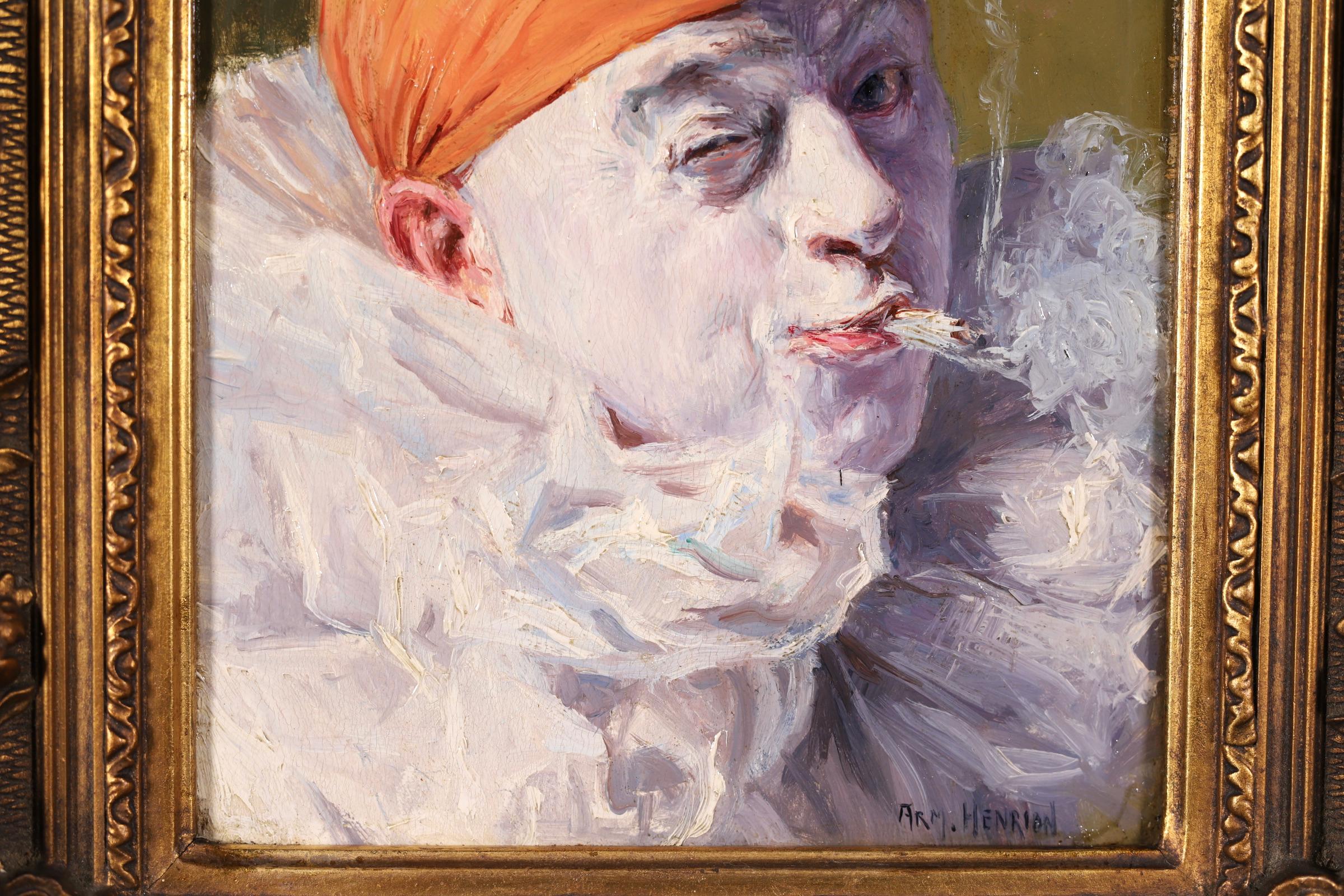 Pierrot smoking - French Impressionist Oil, Portrait by Armand Francois Henrion 2