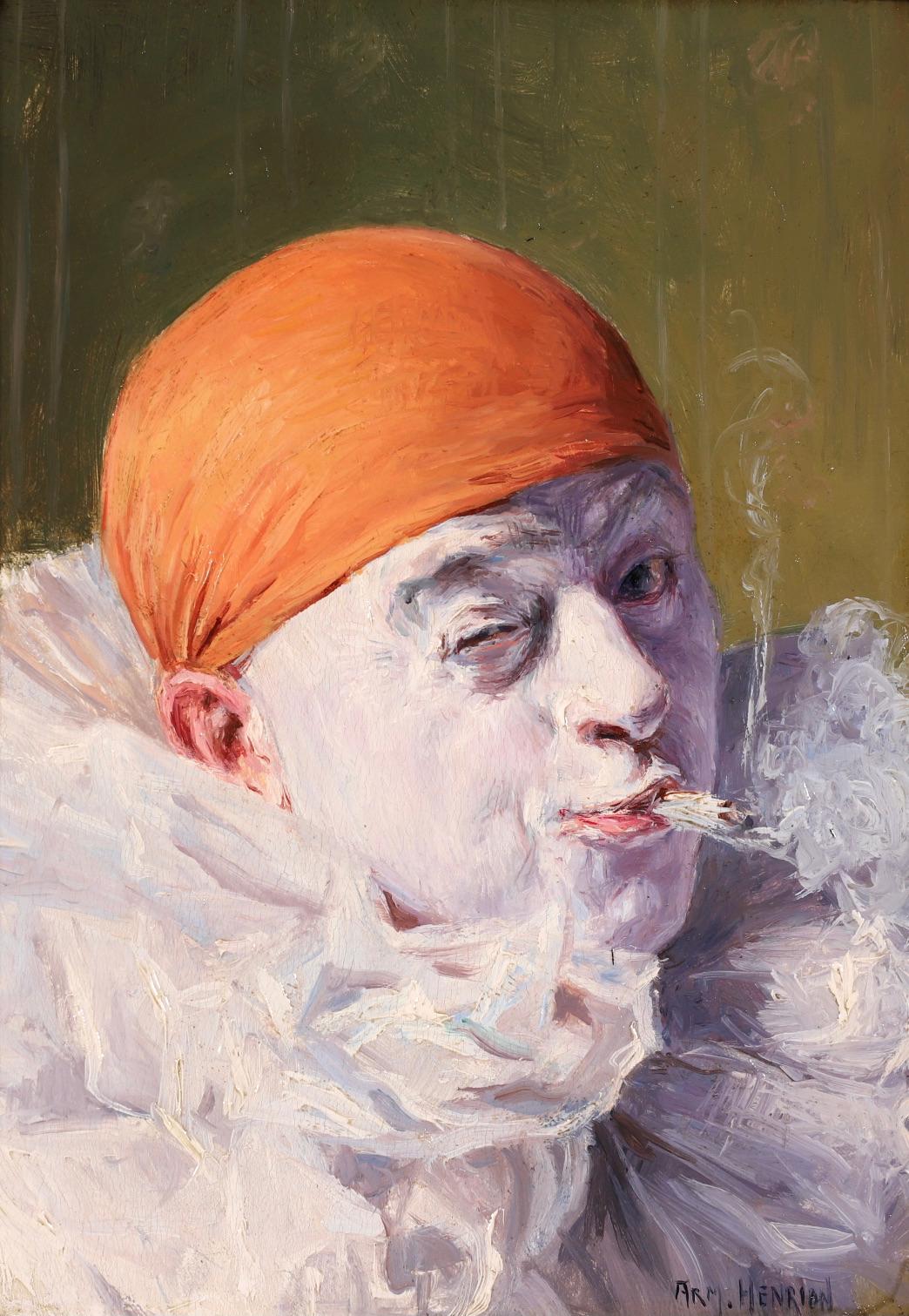 Pierrot smoking - French Impressionist Oil, Portrait by Armand Francois Henrion