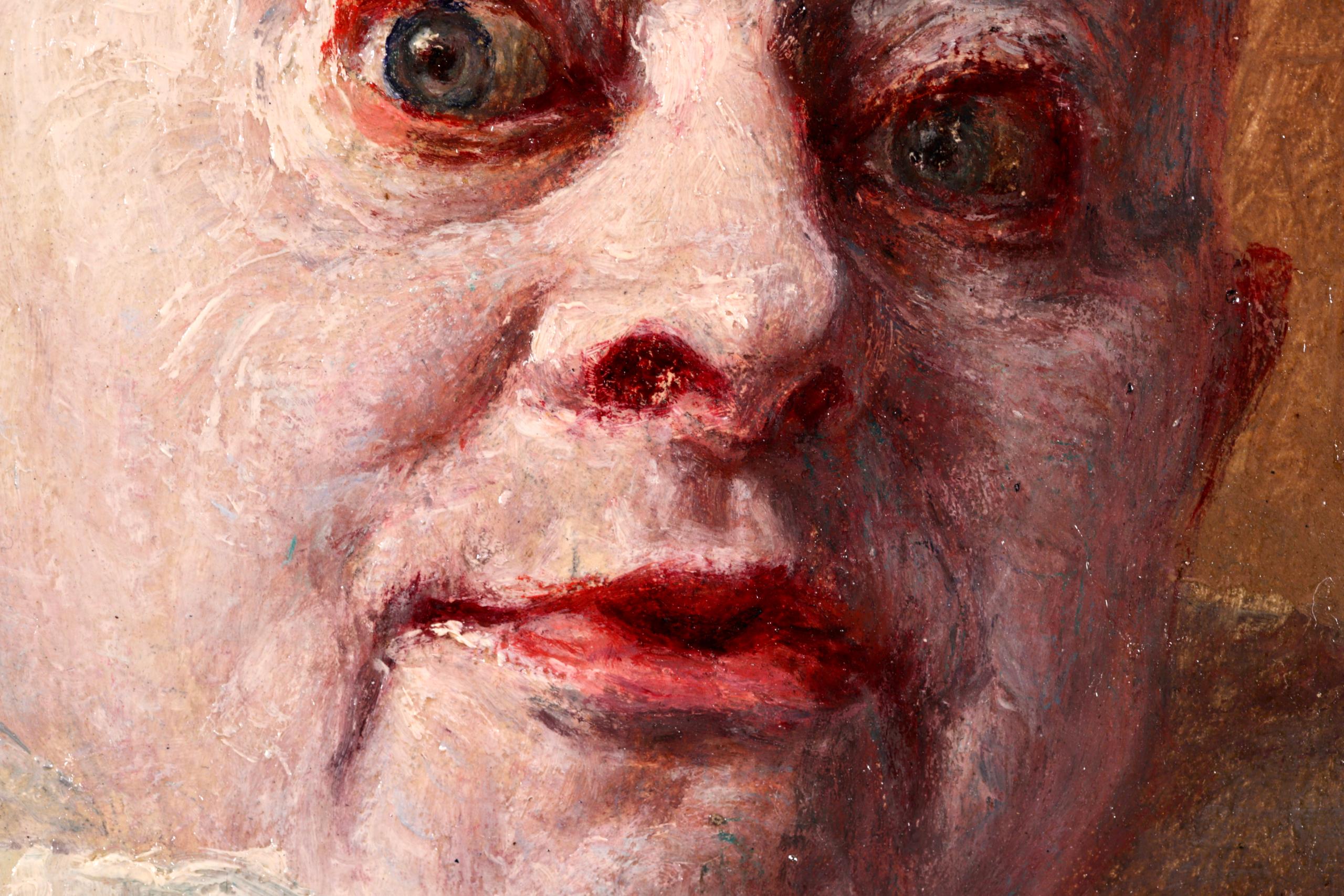 Signiertes impressionistisches Öl auf Tafel um 1910 von dem französischen Maler Armand Francois Henrion. Dieses charmante Werk zeigt das Porträt eines überraschten Pierrot - eines französischen Clowns - mit weiß gepudertem Gesicht, weißen Rüschen