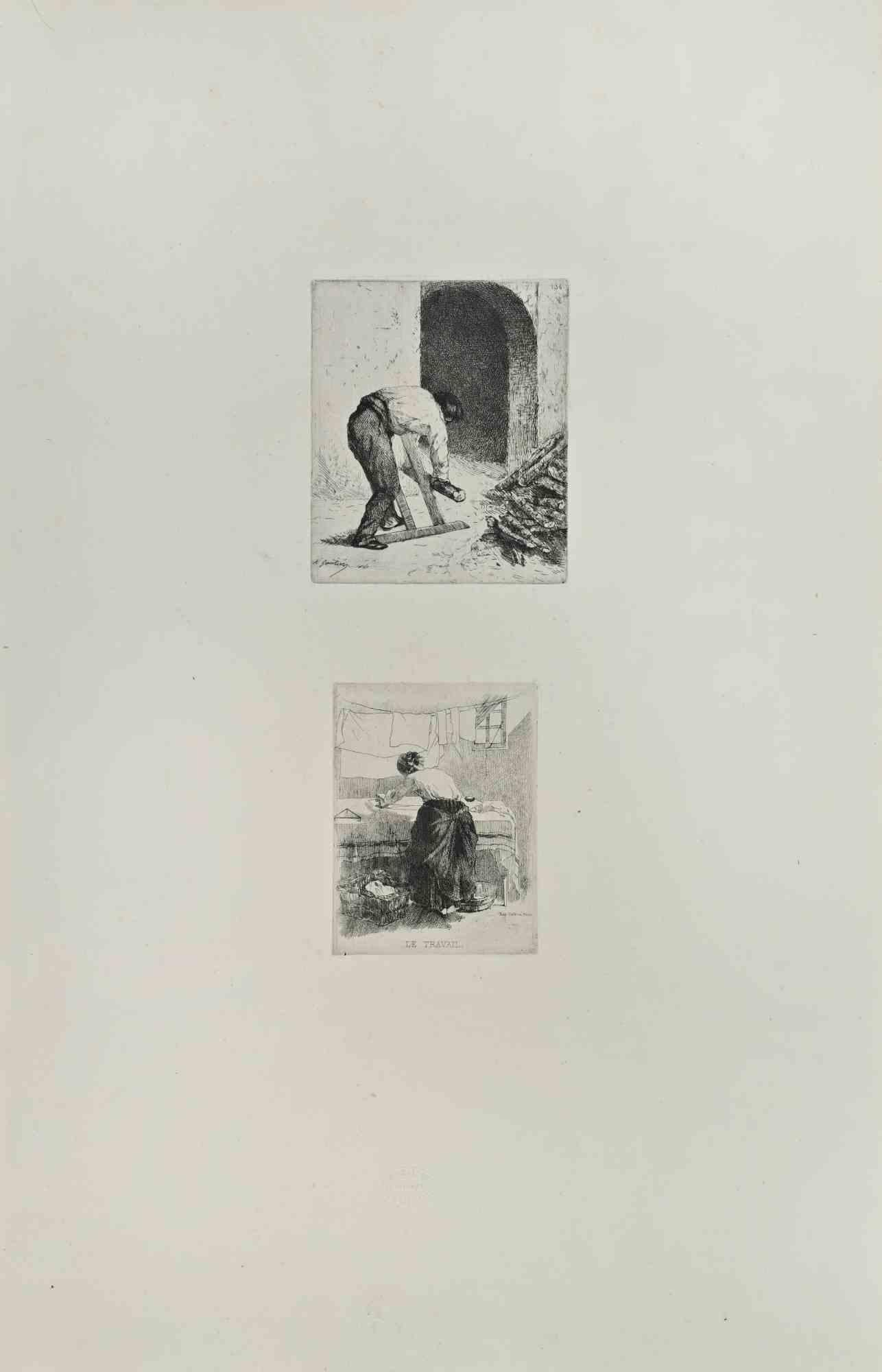 Le Travail - Etching by Armand Gautier - 1860