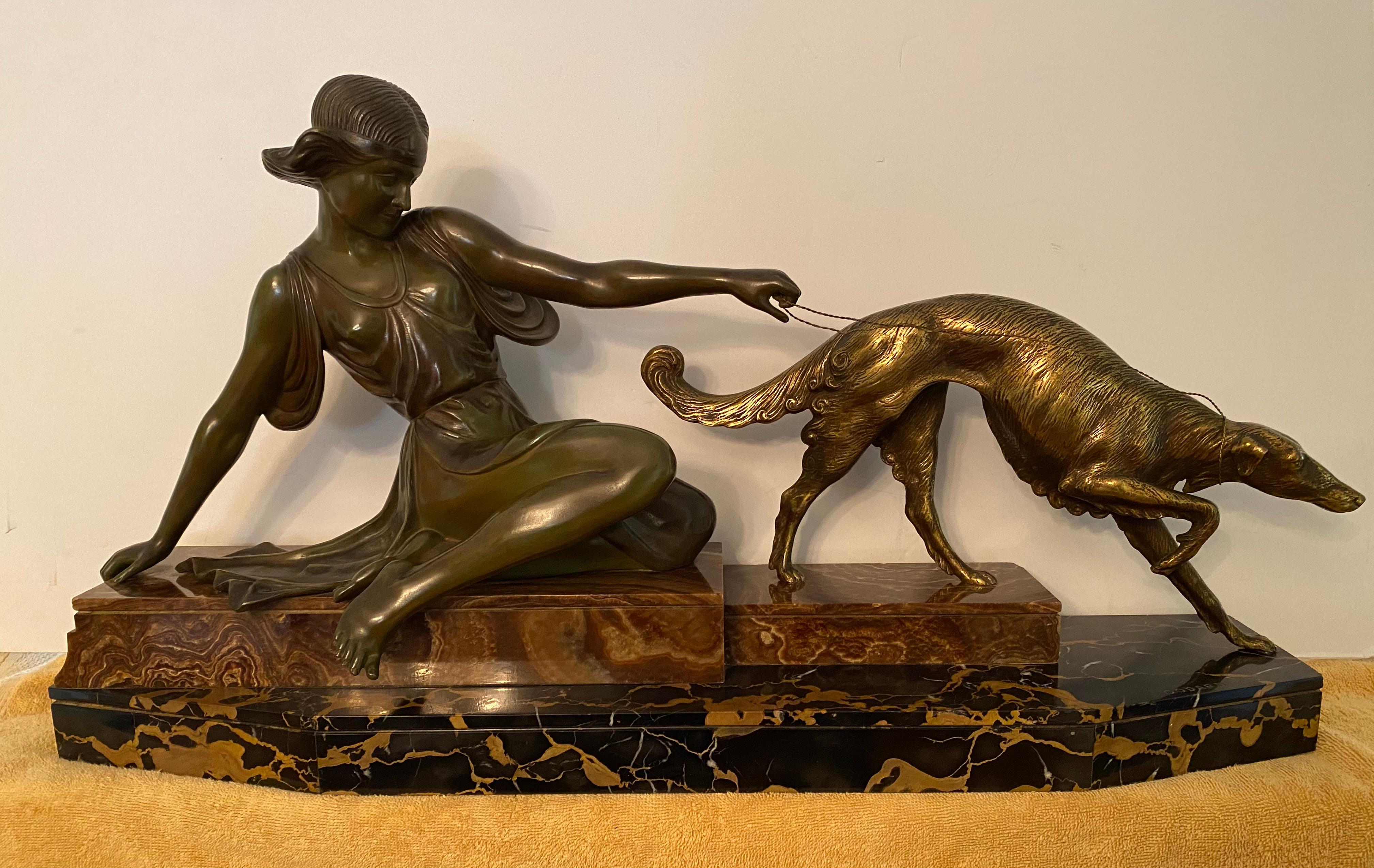 Huntress with Borzoi - Sculpture by Armand Godard