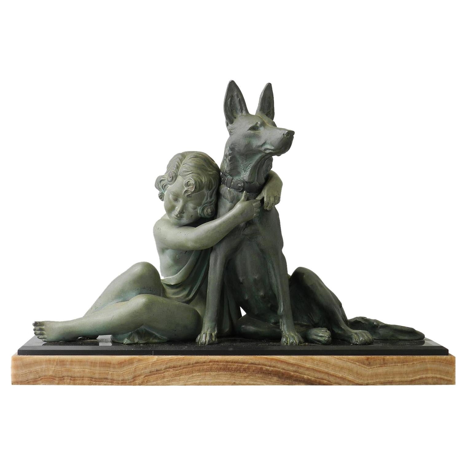 Sculpture Art Déco Fille avec chien de berger allemand par Armand Godard c1930