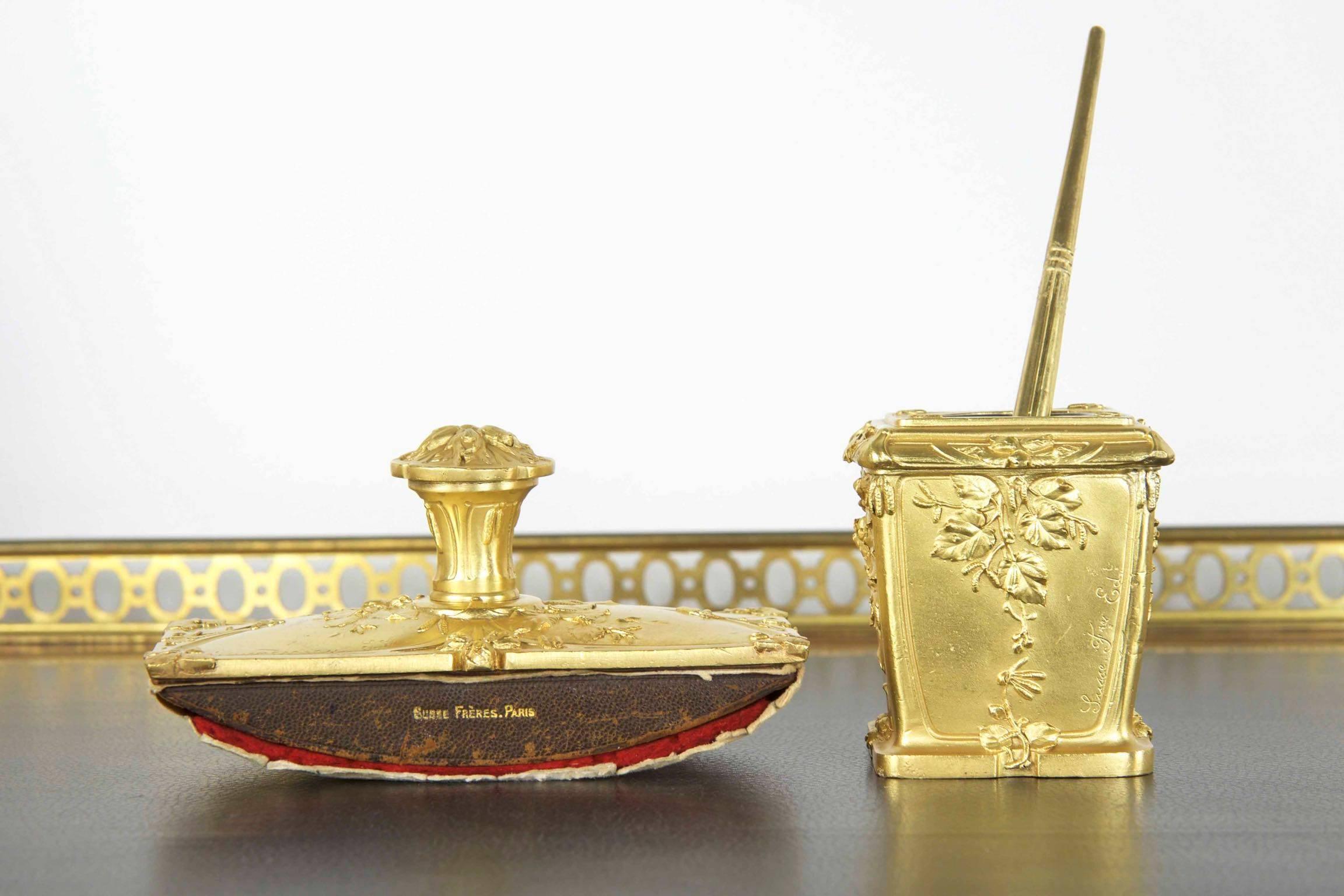 Belle Époque Armand Guénard for Susse Frères Gilt Bronze Antique Inkwell Desk Writing Set