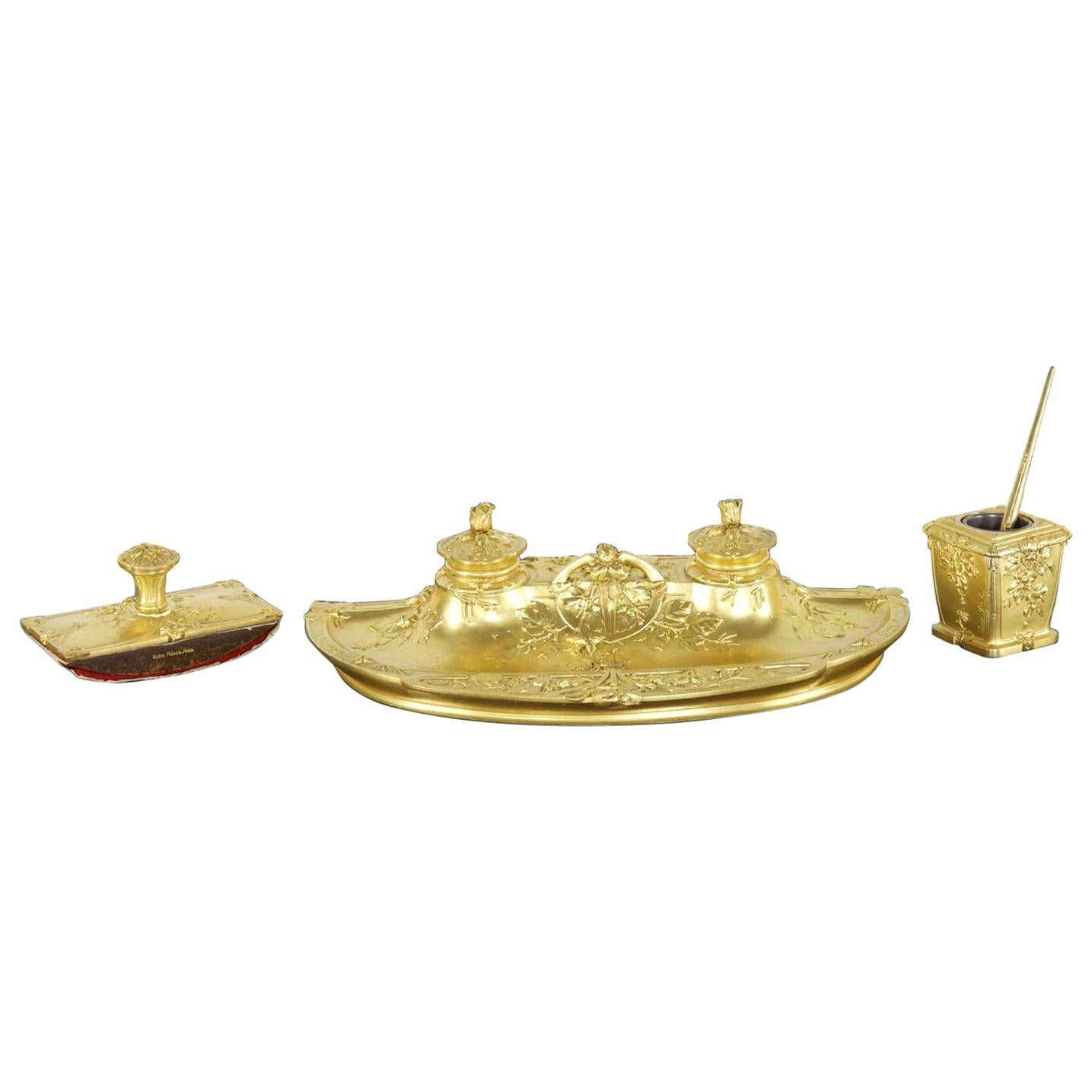 Armand Guénard for Susse Frères Gilt Bronze Antique Inkwell Desk Writing Set