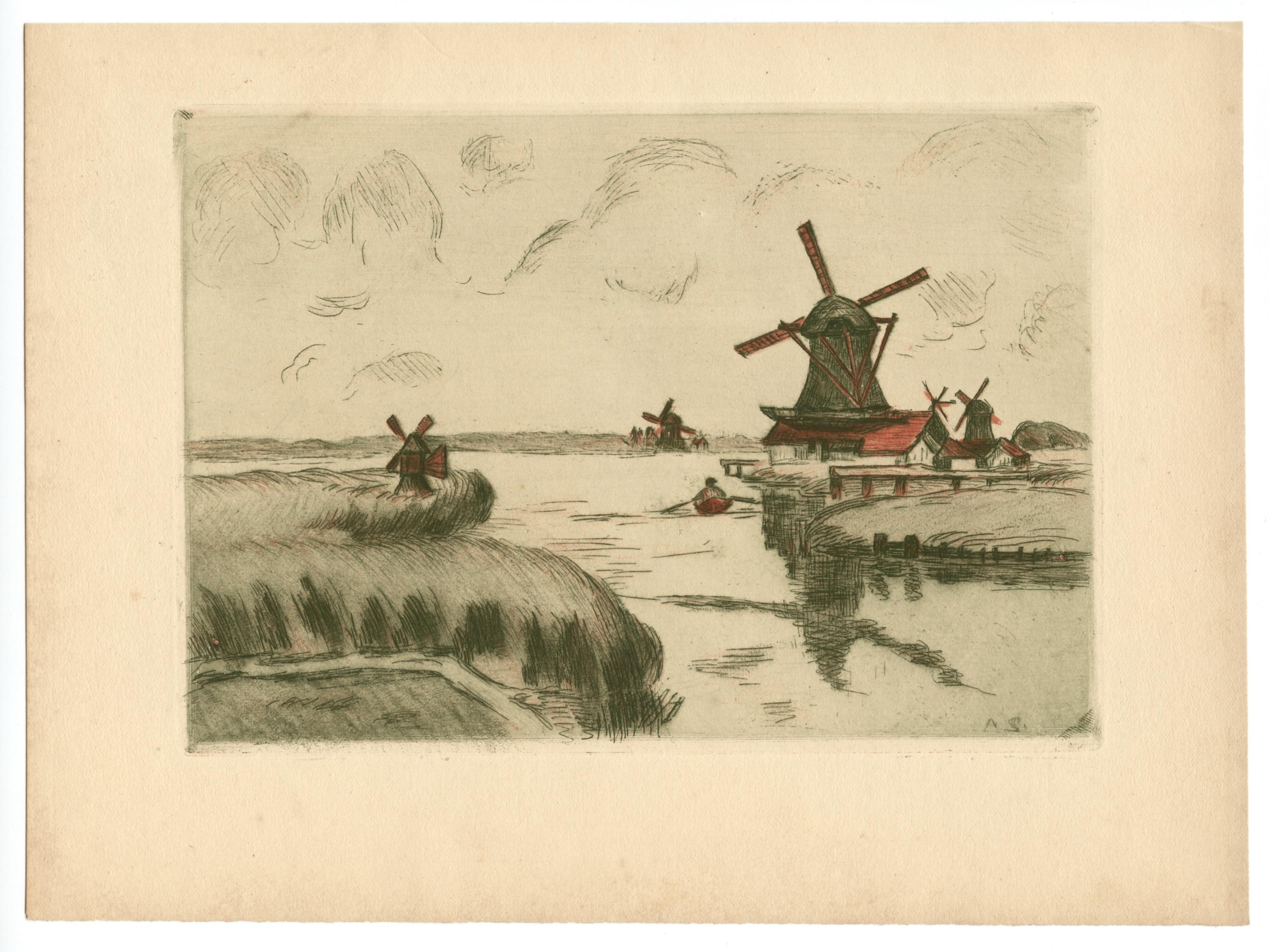 „Vue prise de Saardam“ (Zaandam) Original-Radierung – Print von Armand Guillaumin