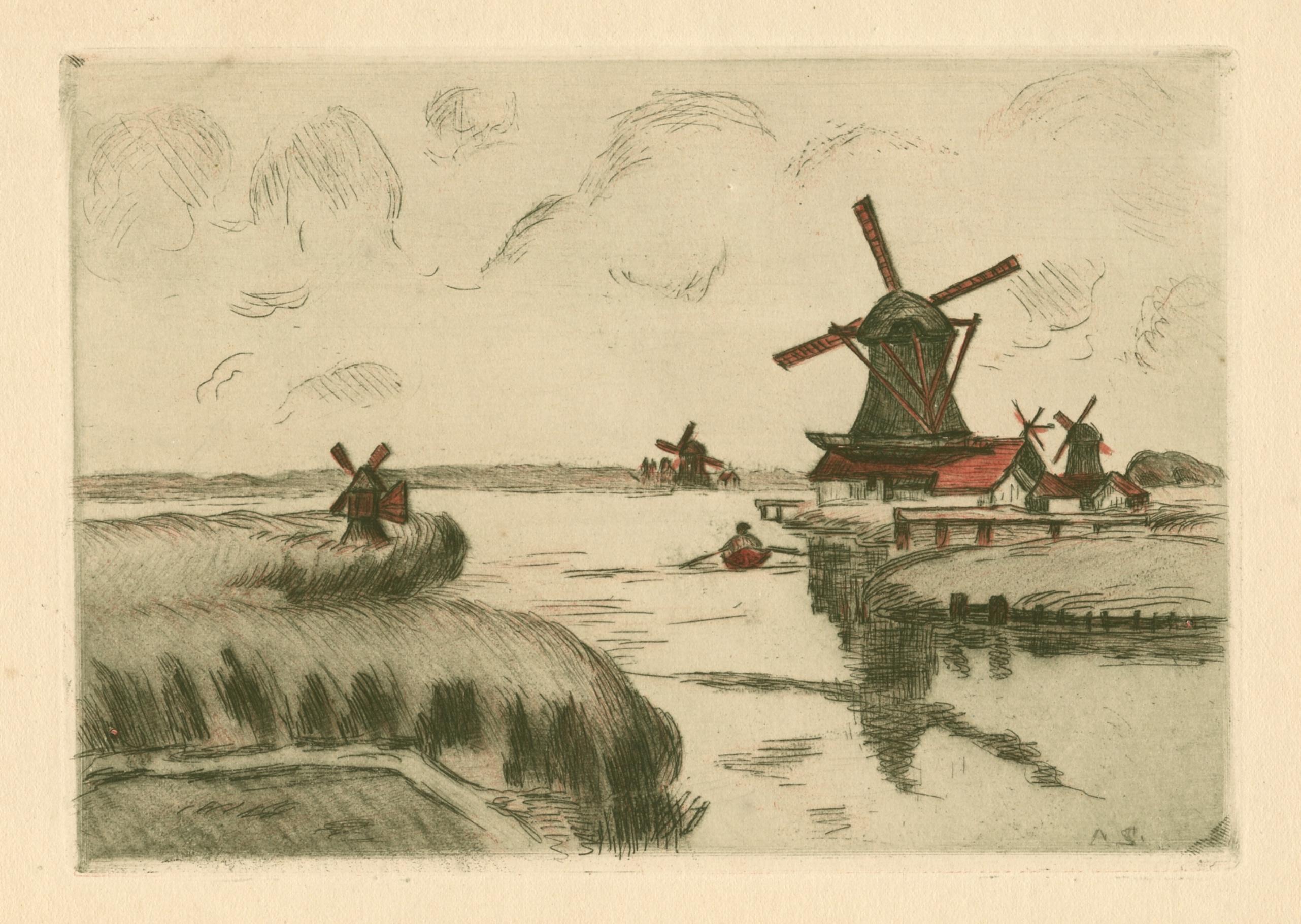 Armand Guillaumin Landscape Print - "Vue prise de Saardam" (Zaandam) original etching