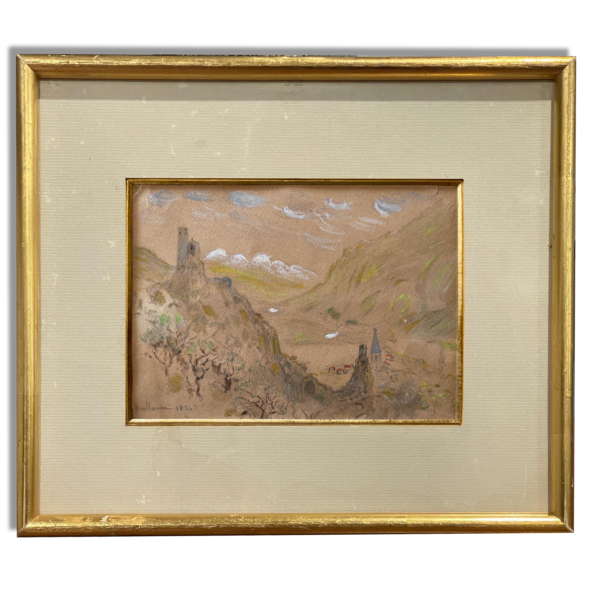 Jean-Baptiste Armand GUILLAUMIN (1841-1927)
Drawing, watercolor and charcoal pencil depicting a mountain view in France.
Titled on one old tag on the backside “Ruines du chateau a Crozant” (Crozant’s castle ruins).
Signed bottom left and dated