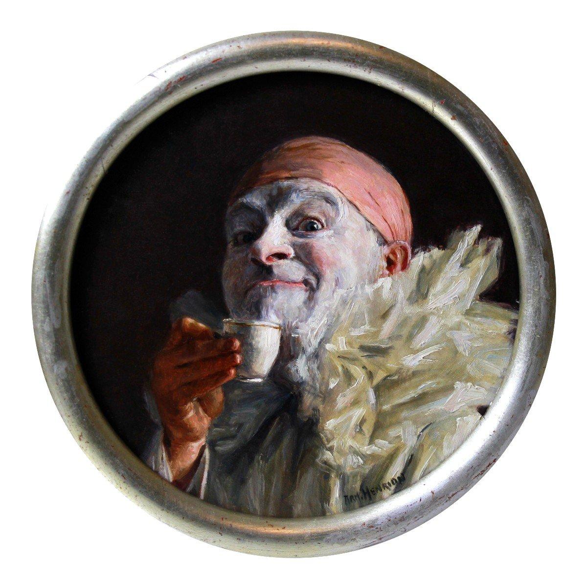Oil on Cardboard by " Portrait of a tea drinking Clown " by Armand Henrion 