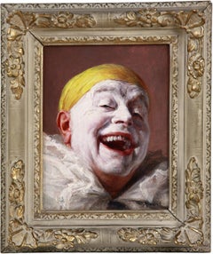 Autoritratto a olio su pannello " il pierrot che ride  " di Armand Henrion 20° secolo.