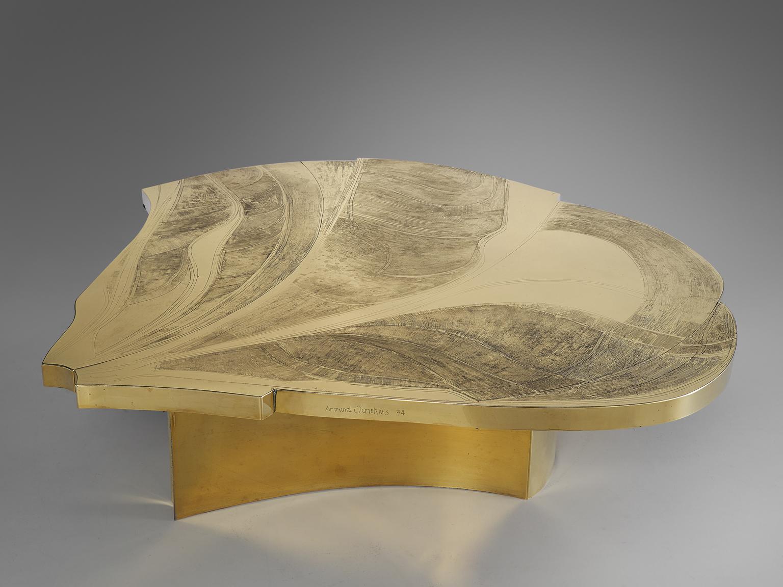 Belgian Armand Jonckers Extravagant Brass Etched Cocktail Table