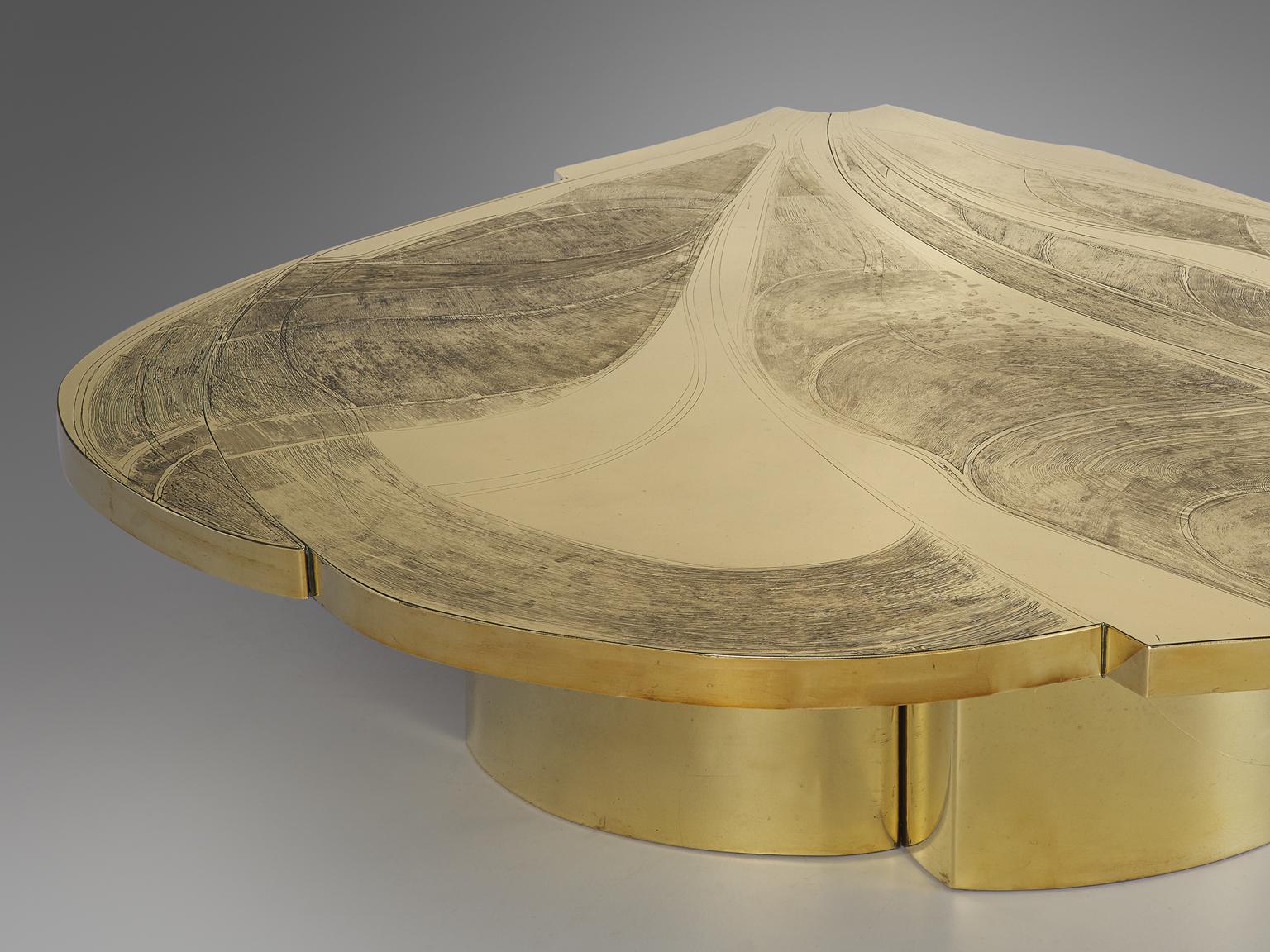 Late 20th Century Armand Jonckers Extravagant Brass Etched Cocktail Table
