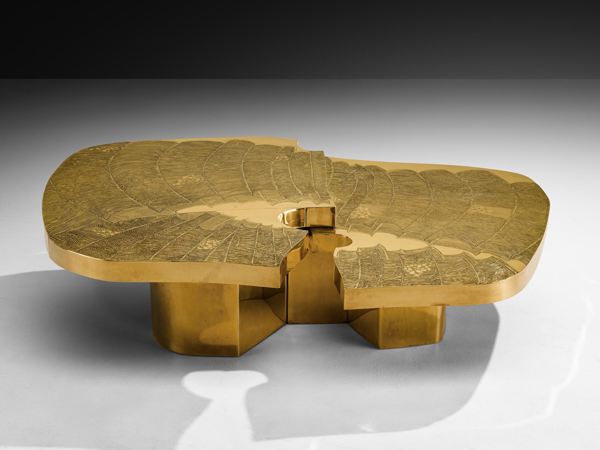Late 20th Century Armand Jonckers Monumental Engraved Brass Coffee Table For Sale