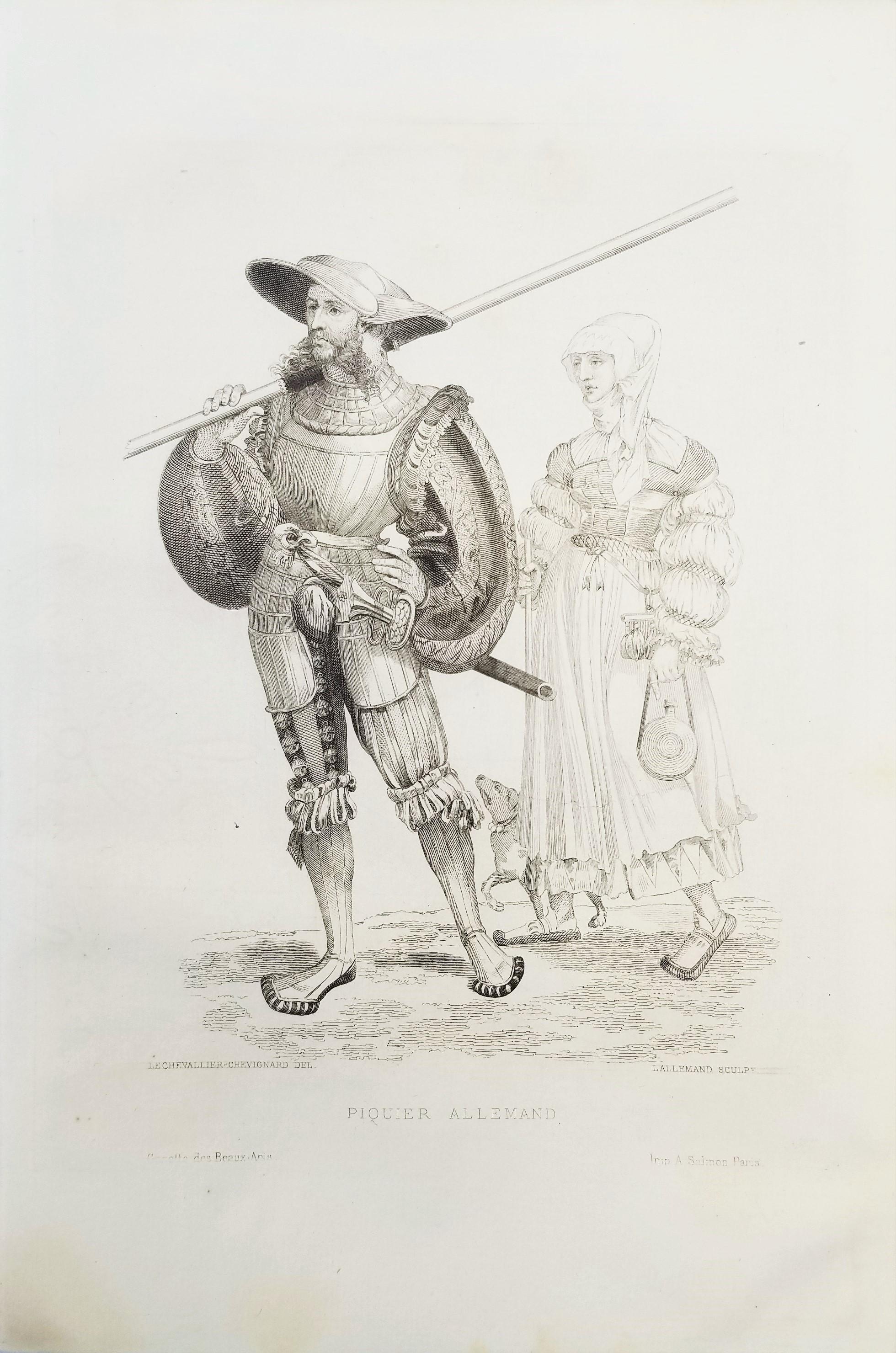 Piquier Allemand (allemand allemand Pikeman) /// Old Masters Figurative Man Soldier Antique - Print de Armand Joseph Lallemand