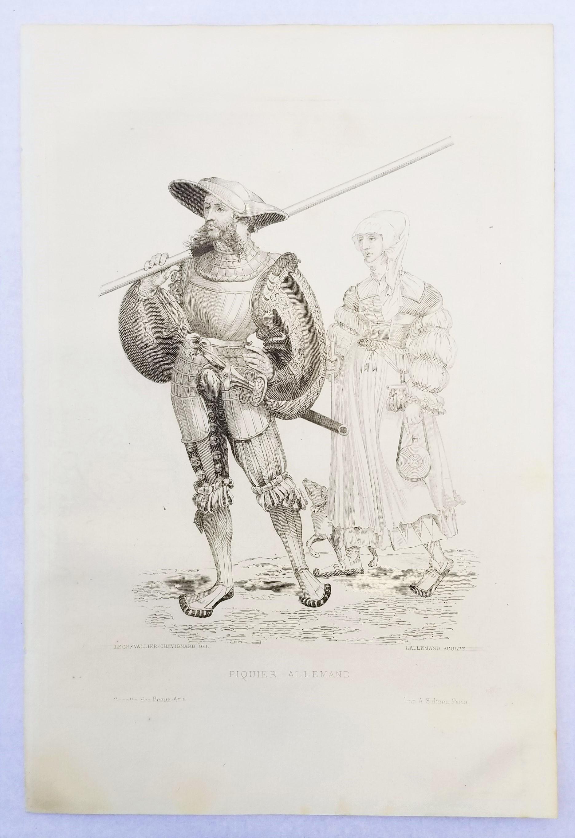 Piquier Allemand (allemand allemand Pikeman) /// Old Masters Figurative Man Soldier Antique - Maîtres anciens Print par Armand Joseph Lallemand