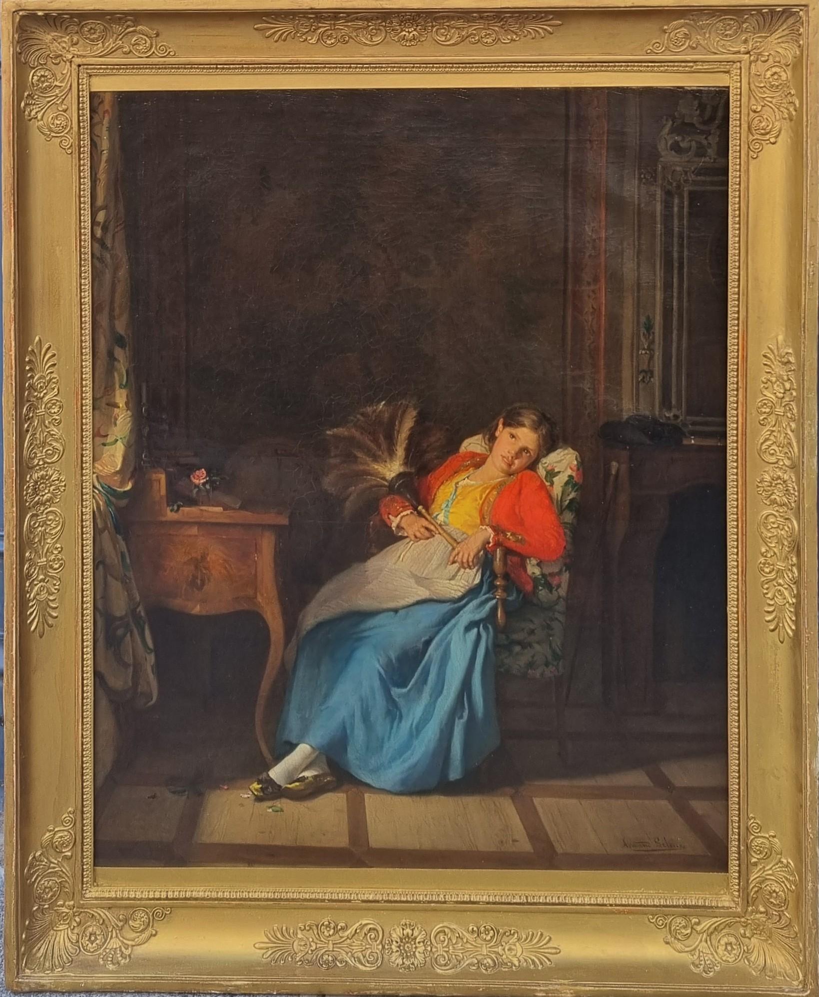 Quadro Realista Francese Interno Serva con spolverino di piume Abbot 19° - Painting di Armand Leleux
