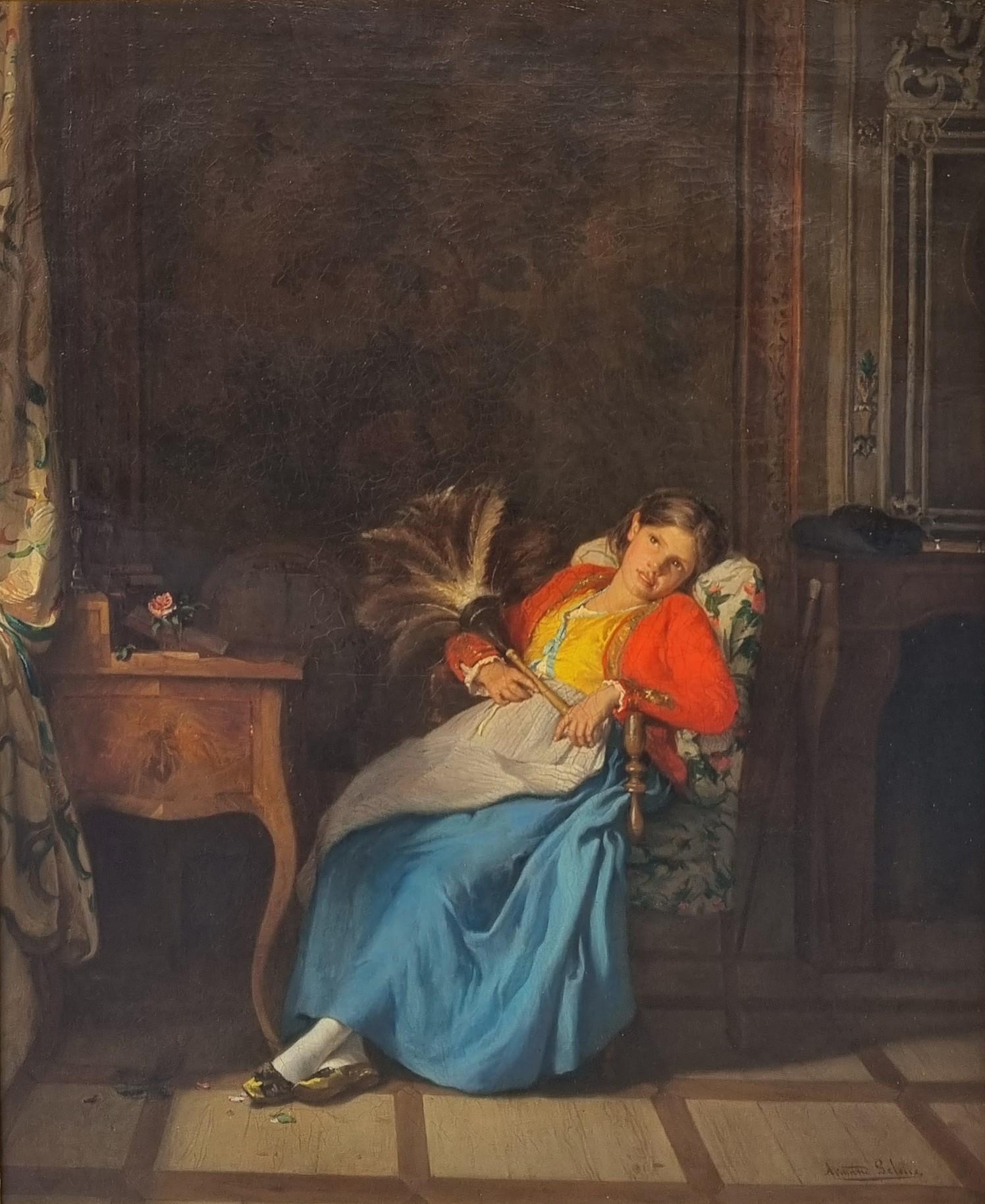 Quadro Realista Francese Interno Serva con spolverino di piume Abbot 19° - Painting Realismo di Armand Leleux
