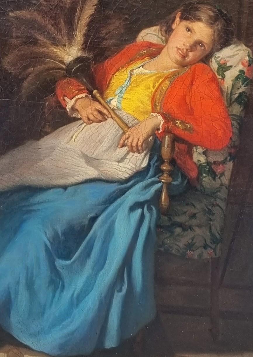 Quadro Realista Francese Interno Serva con spolverino di piume Abbot 19° - Interior Painting Nero di Armand Leleux