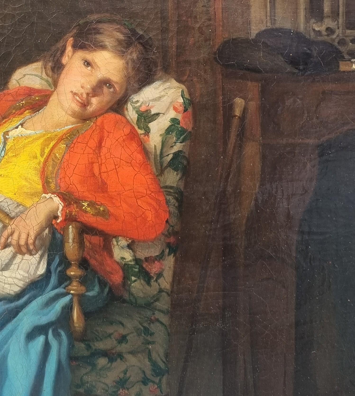 Quadro Realista Francese Interno Serva con spolverino di piume Abbot 19° in vendita 1
